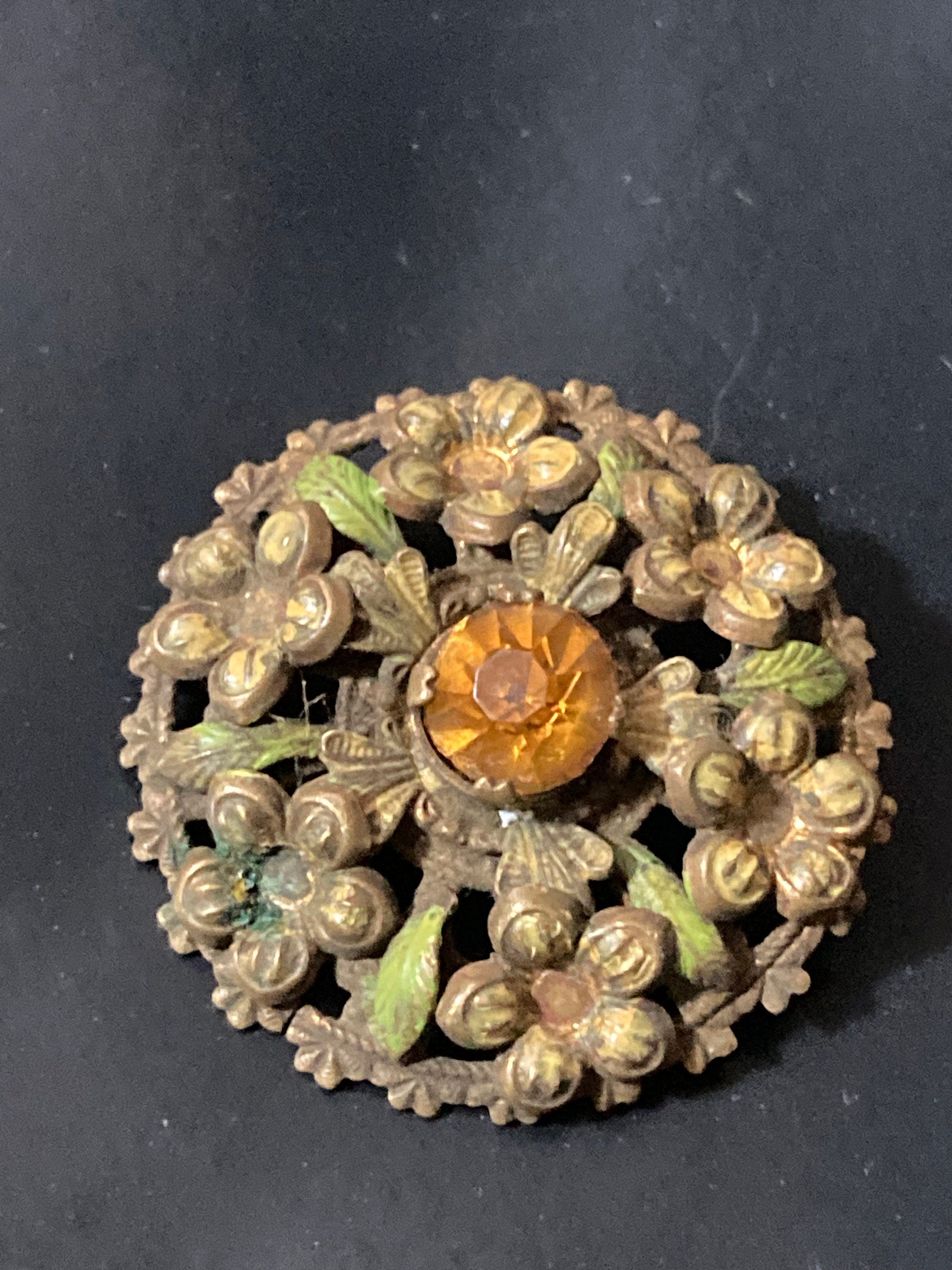 Vintage Czech brass filigree Orange amber Rhinestone diamanté Brooch