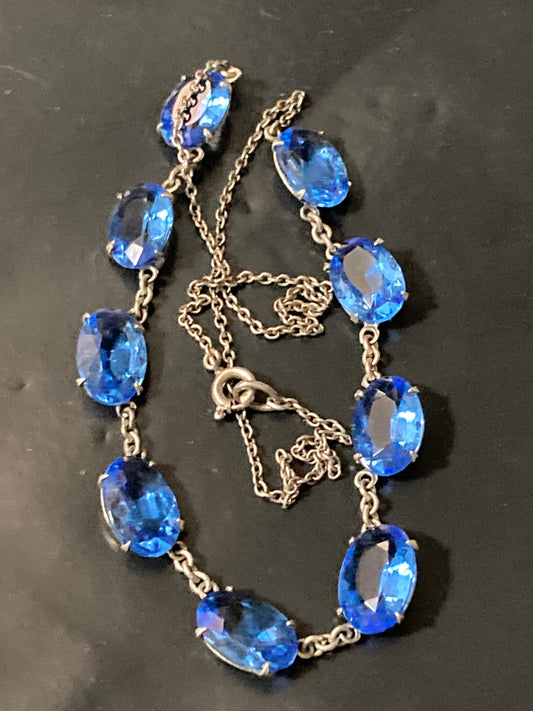 Art deco sapphire blue open back crystal oval bezel set necklace Vintage