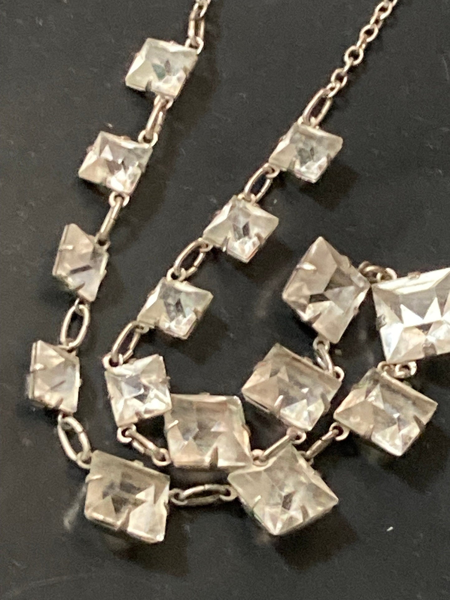 Art Deco Czech Open Back Clear Crystal squares Silver Necklace