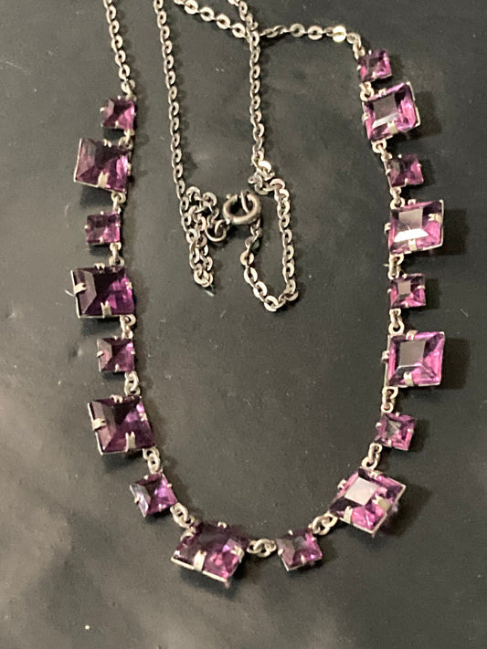 Art Deco open back crystal amethyst purple square glass necklace 43cm