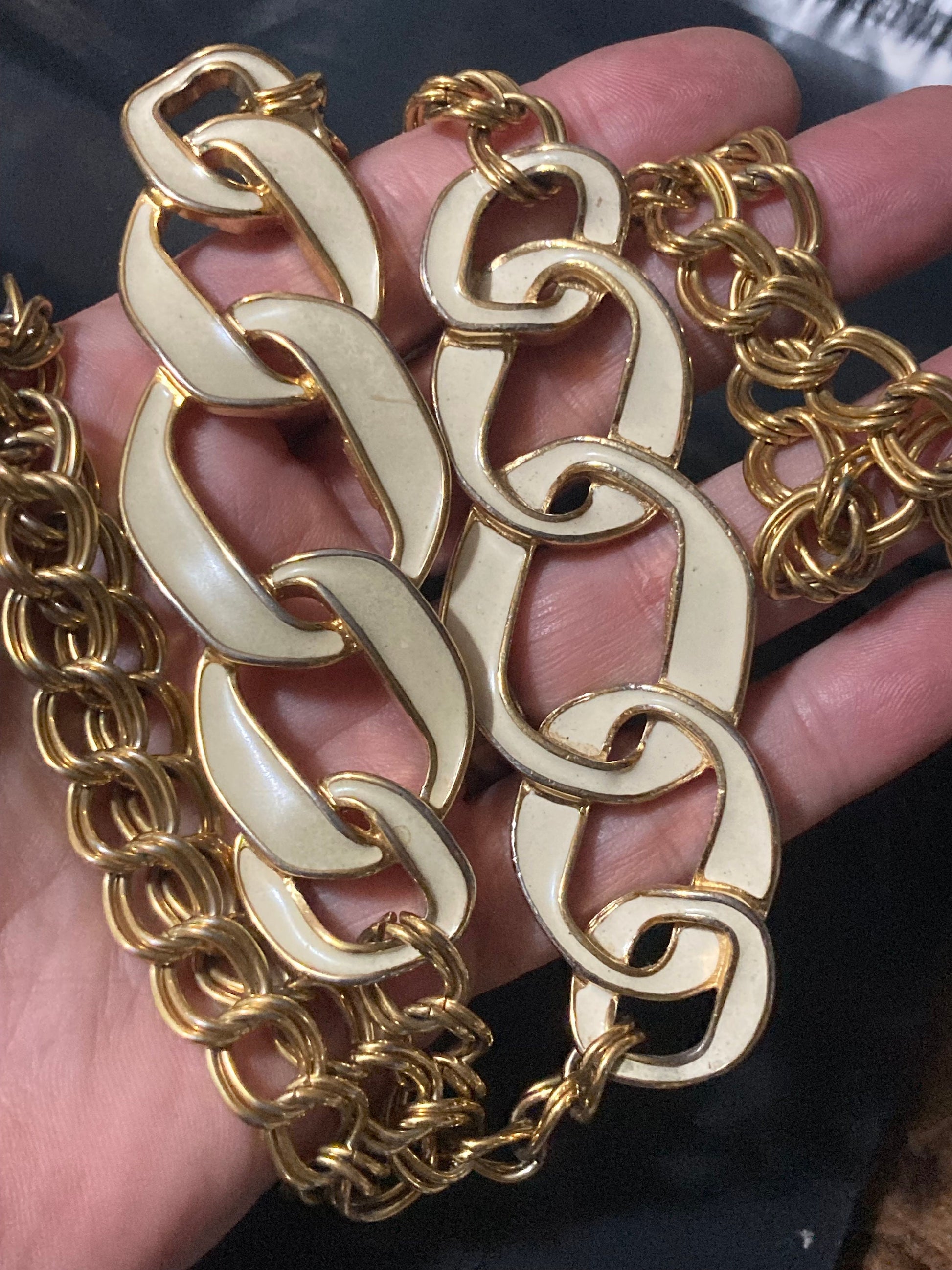 Oversized 88cm long gold tone cream enamel station necklace