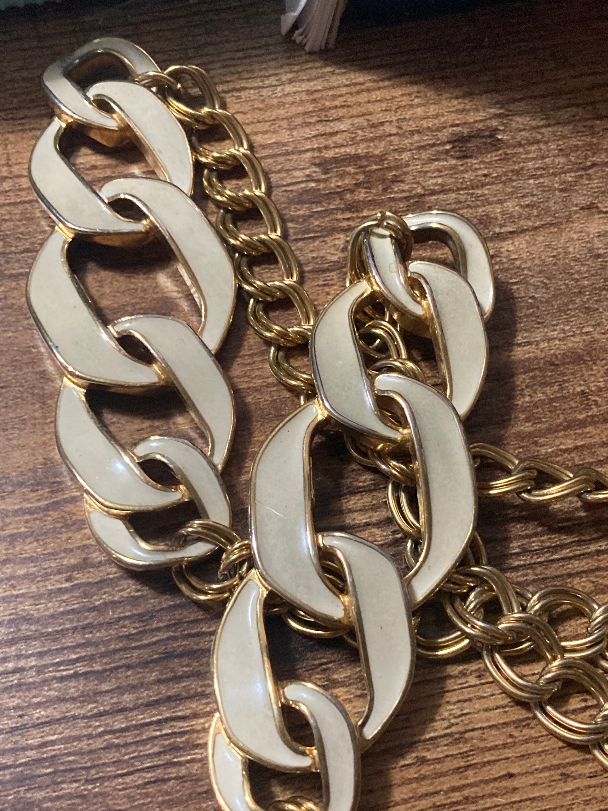 Oversized 88cm long gold tone cream enamel station necklace