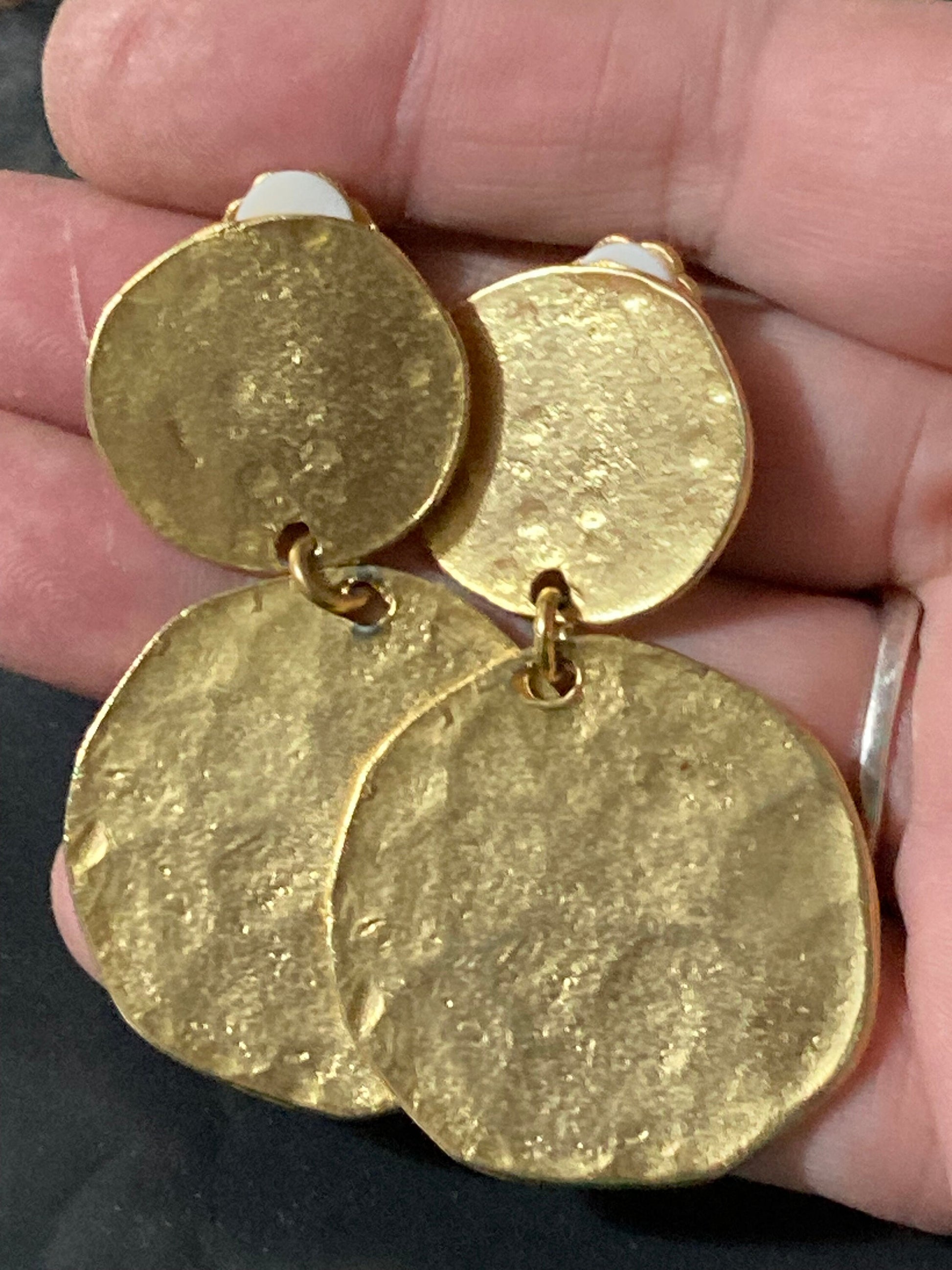 Signed KJL Kenneth Lane pair oversized gold tone Etruscan flat disc dangly drop earrings