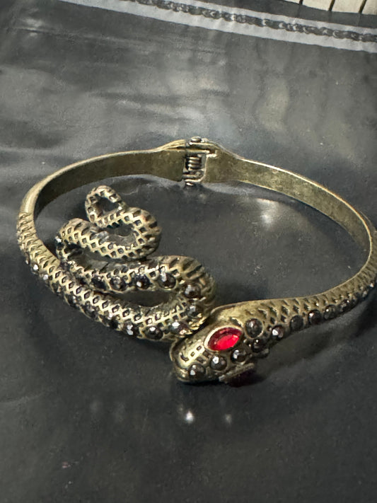 Antique gold tone marcasite and ruby paste set snake hinged clamper bangle bracelet