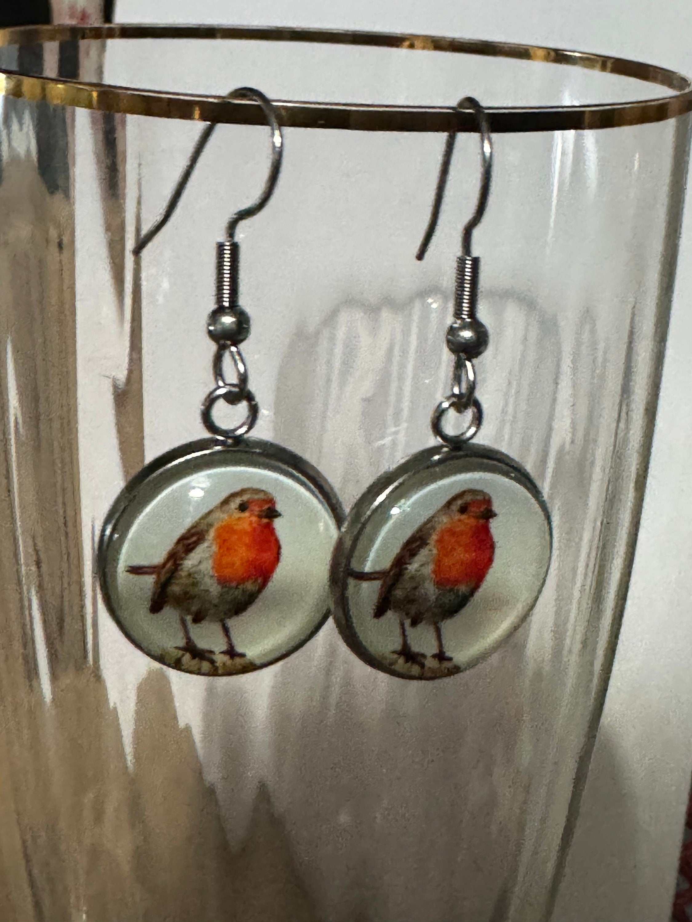 16mm Garden bird Robin redbreast stainless steel drop earrings silver