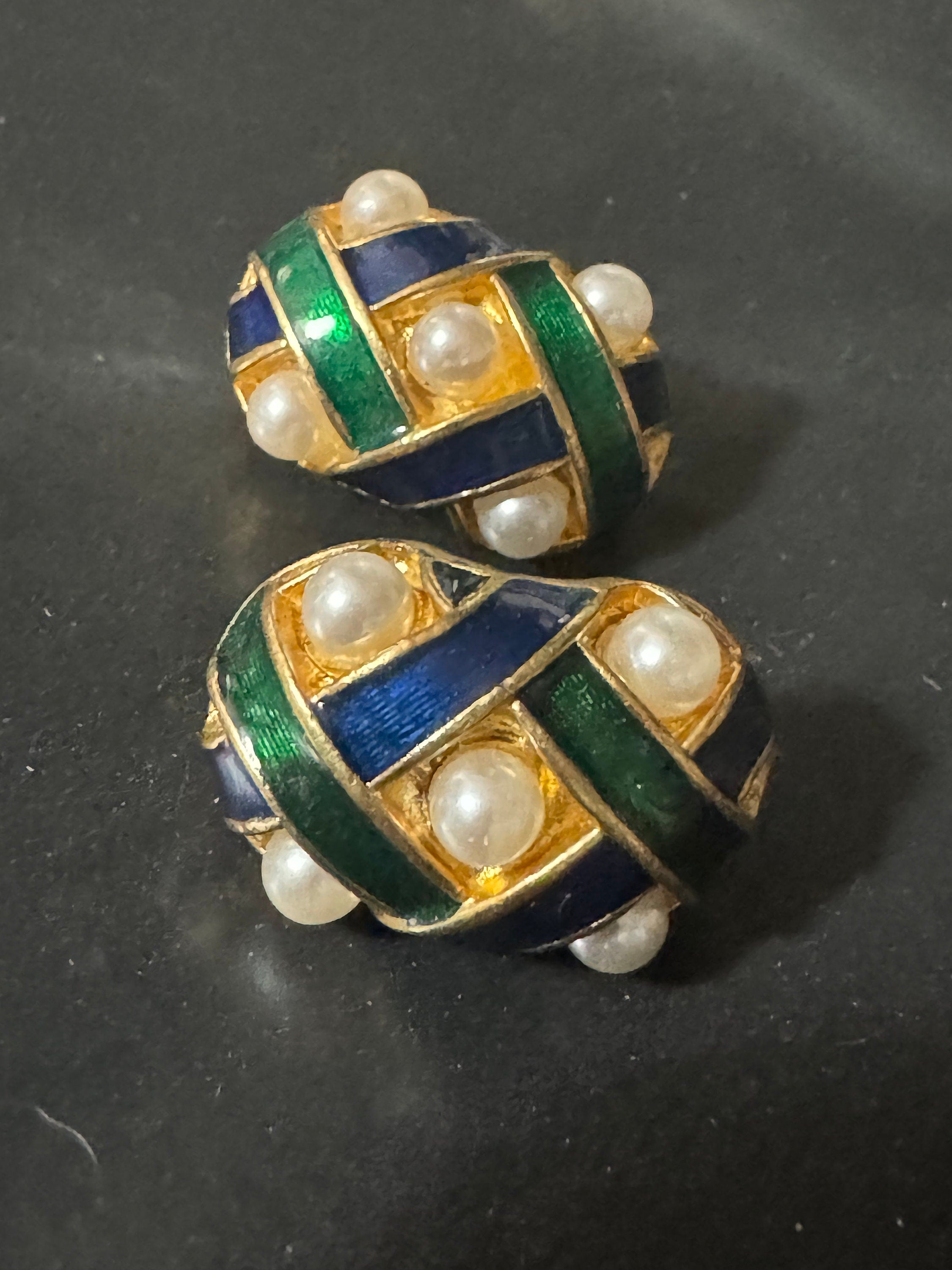 gold tone green blue enamel faux Pearl 2.5cm clip on earrings statement retro