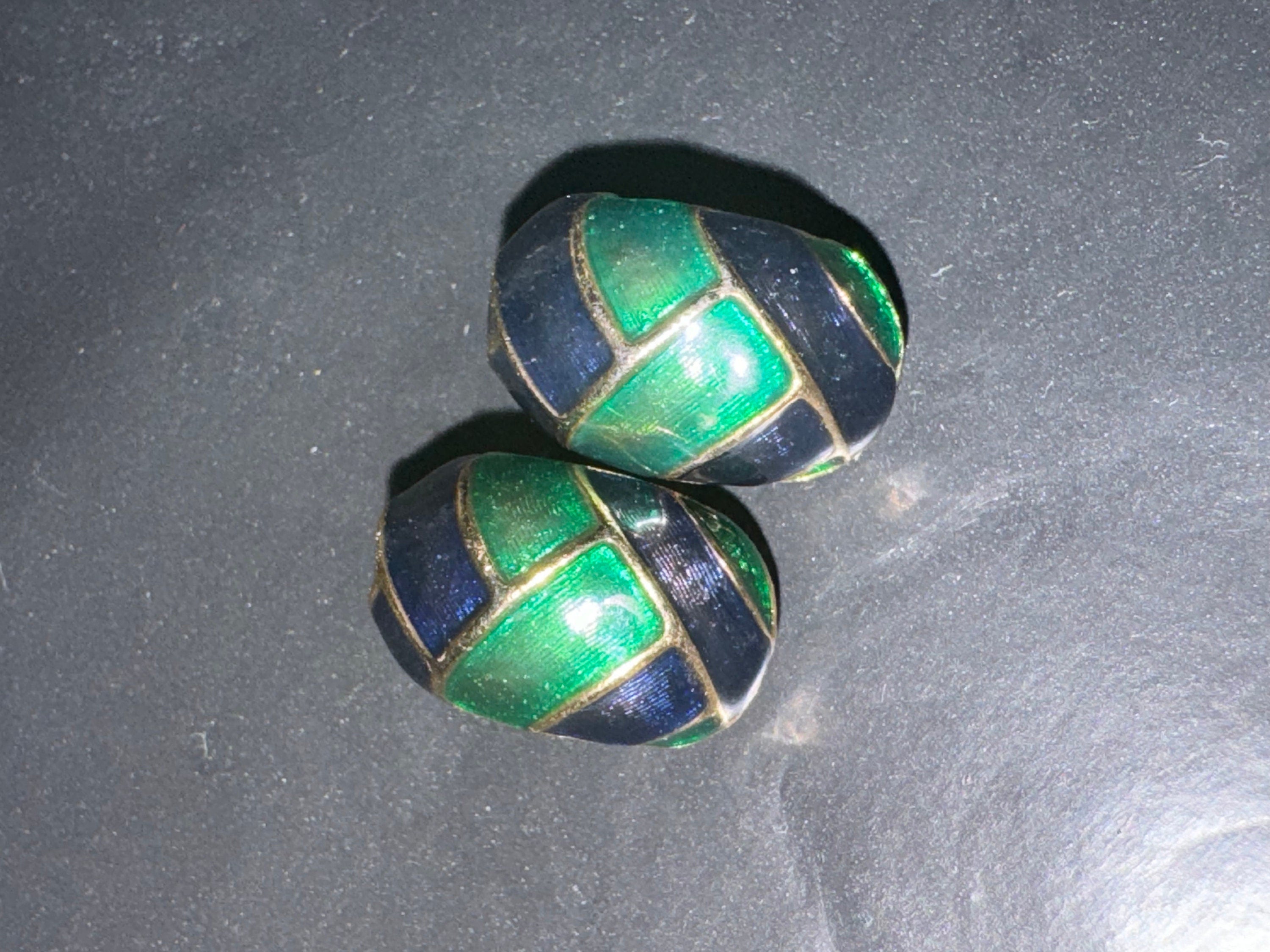 Retro gold tone green blue enamel clip on earrings