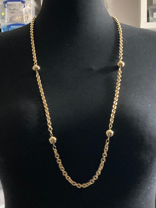 36” 93cm long 1980s thick gold plated bug ball bead curb chain station necklace