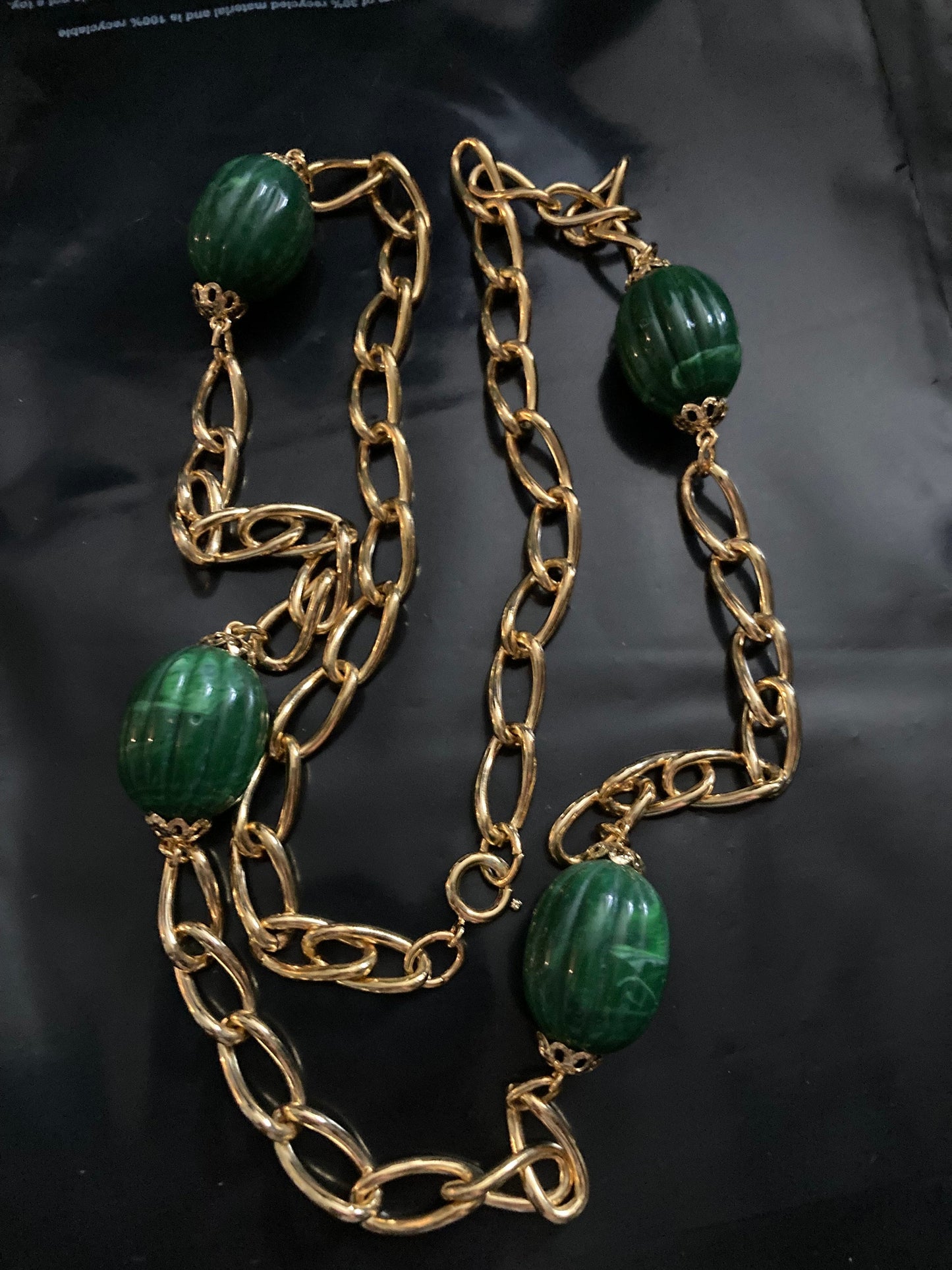 31.5” 80cm long 1980s thick gold plated big green beaded station necklace for layering