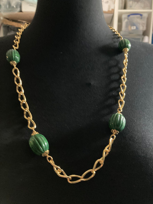 31.5” 80cm long 1980s thick gold plated big green beaded station necklace for layering