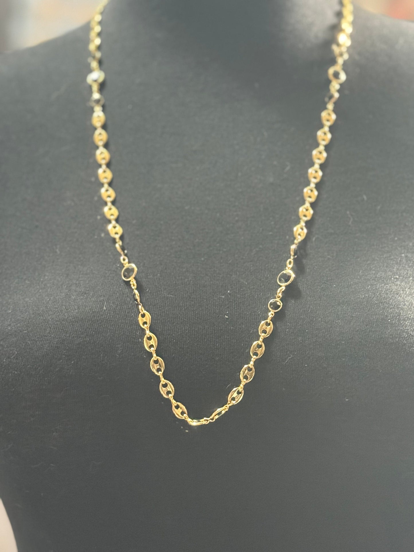 80cm 6mm gold plated black glass mariner coffee bean long rivière bezel chain necklace