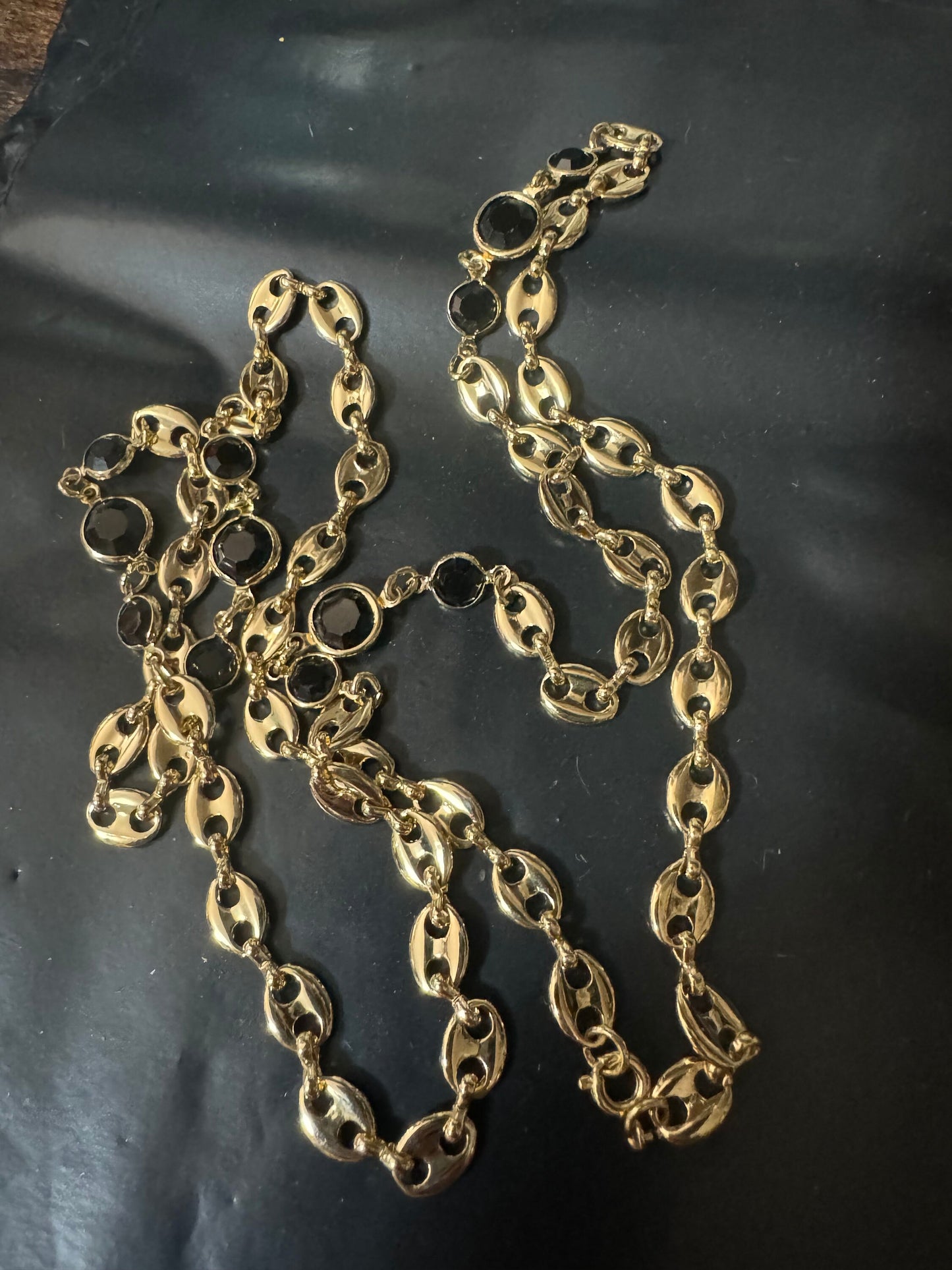 80cm 6mm gold plated black glass mariner coffee bean long rivière bezel chain necklace