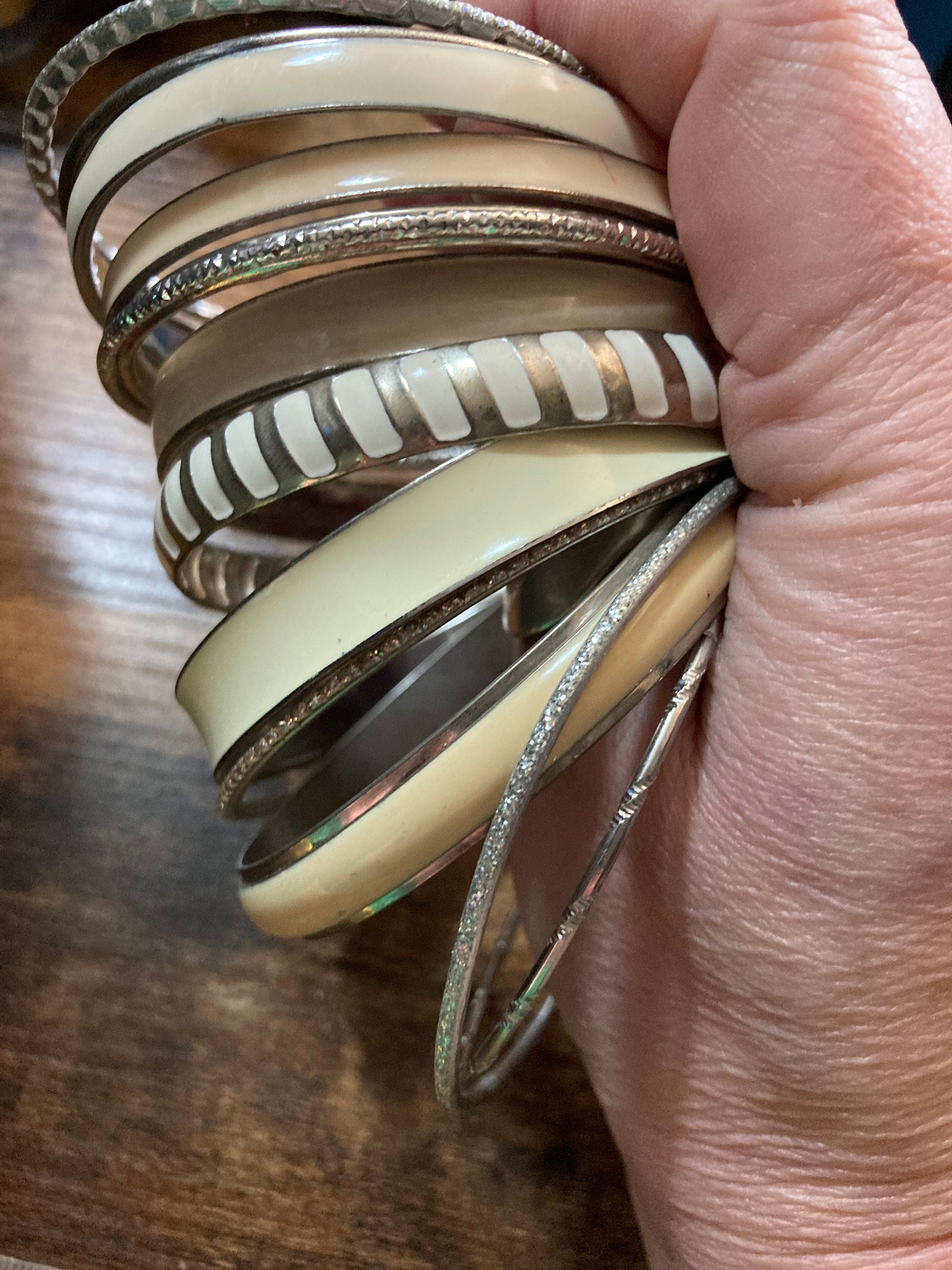 Silver cream white neutral tones vintage job lot of stacking bangles Bangle stack eastern brass metal hippy boho festival bracelets