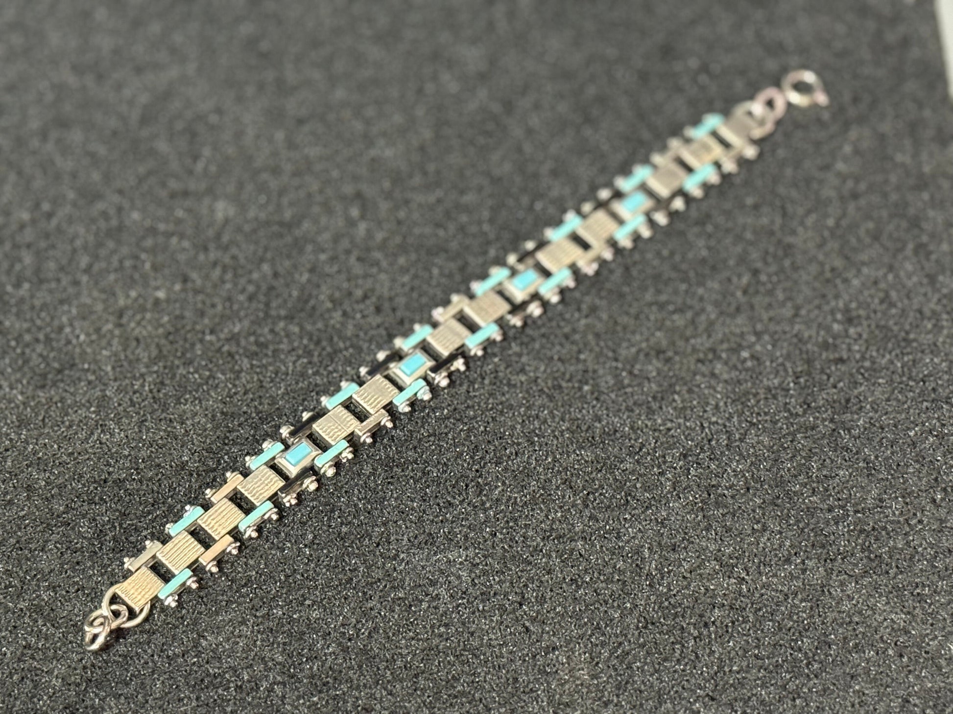 True antique Jakob Bengel modernist 1920s turquoise blue enamel brickwork geometric chain link bracelet old shop stock Germany