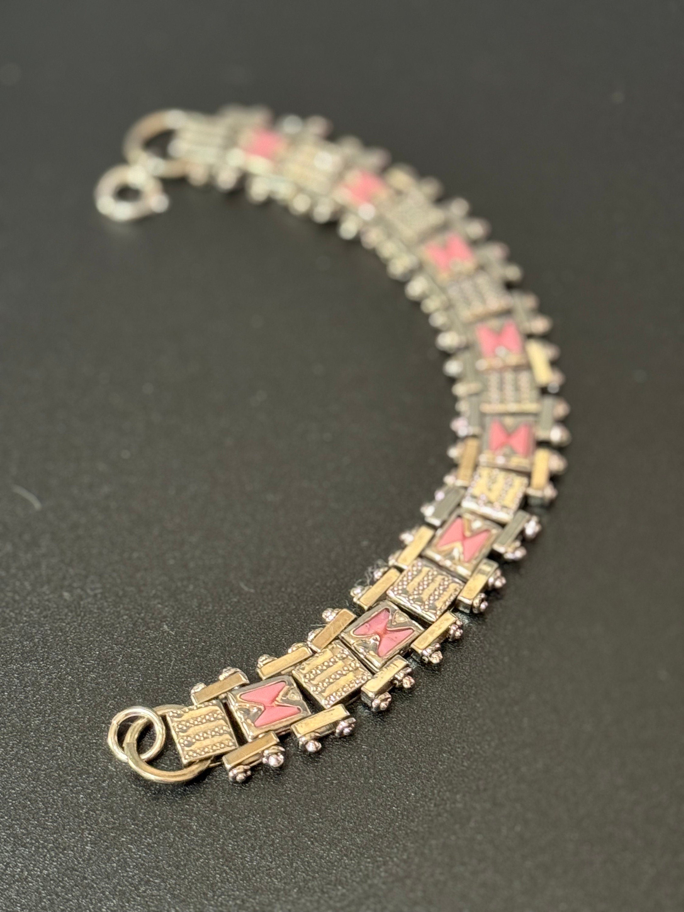 True antique Jakob Bengel modernist chromed silver metal 1920s pink enamel brickwork geometric chain link bracelet old shop stock Germany