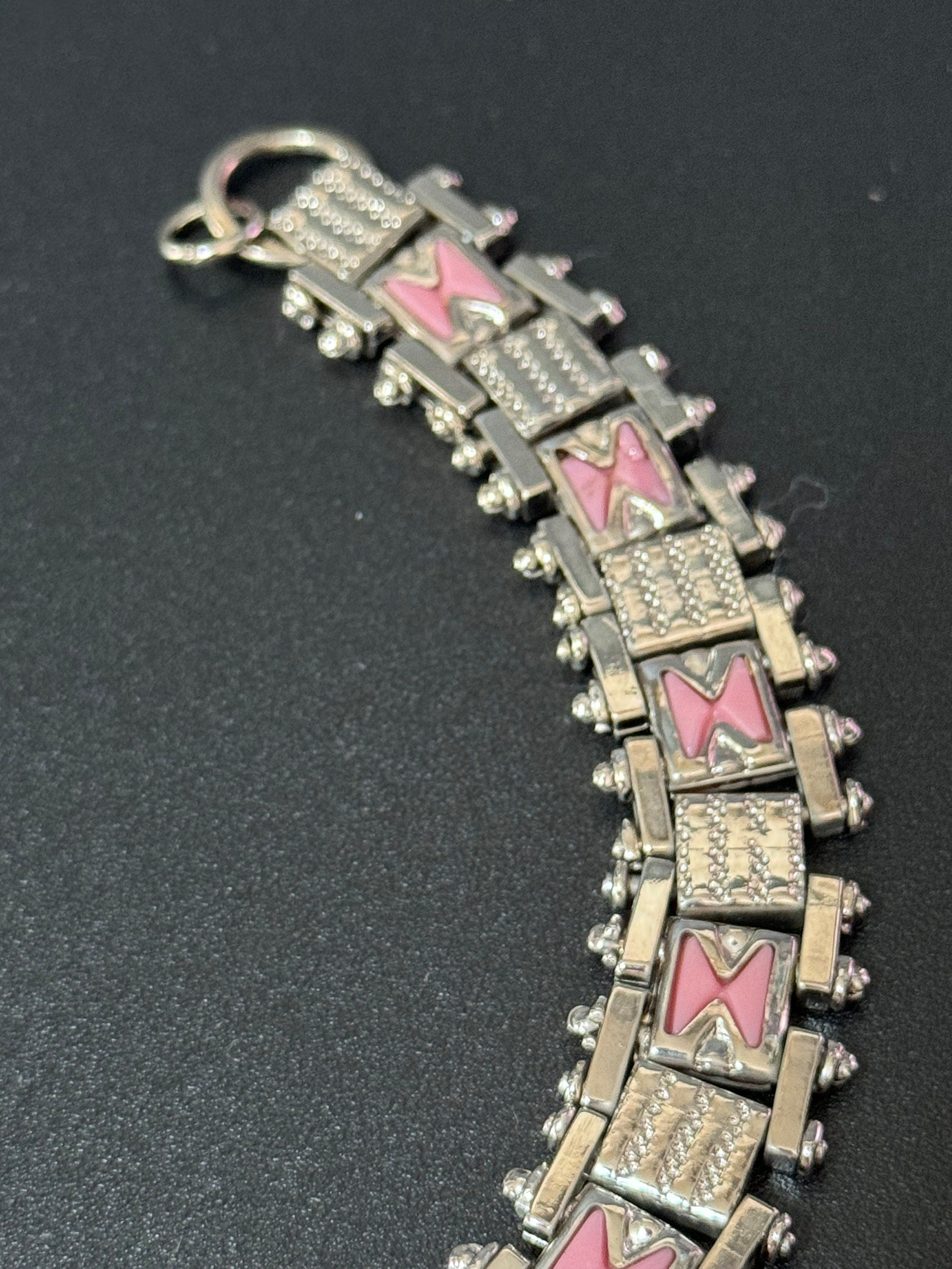 True antique Jakob Bengel modernist chromed silver metal 1920s pink enamel brickwork geometric chain link bracelet old shop stock Germany