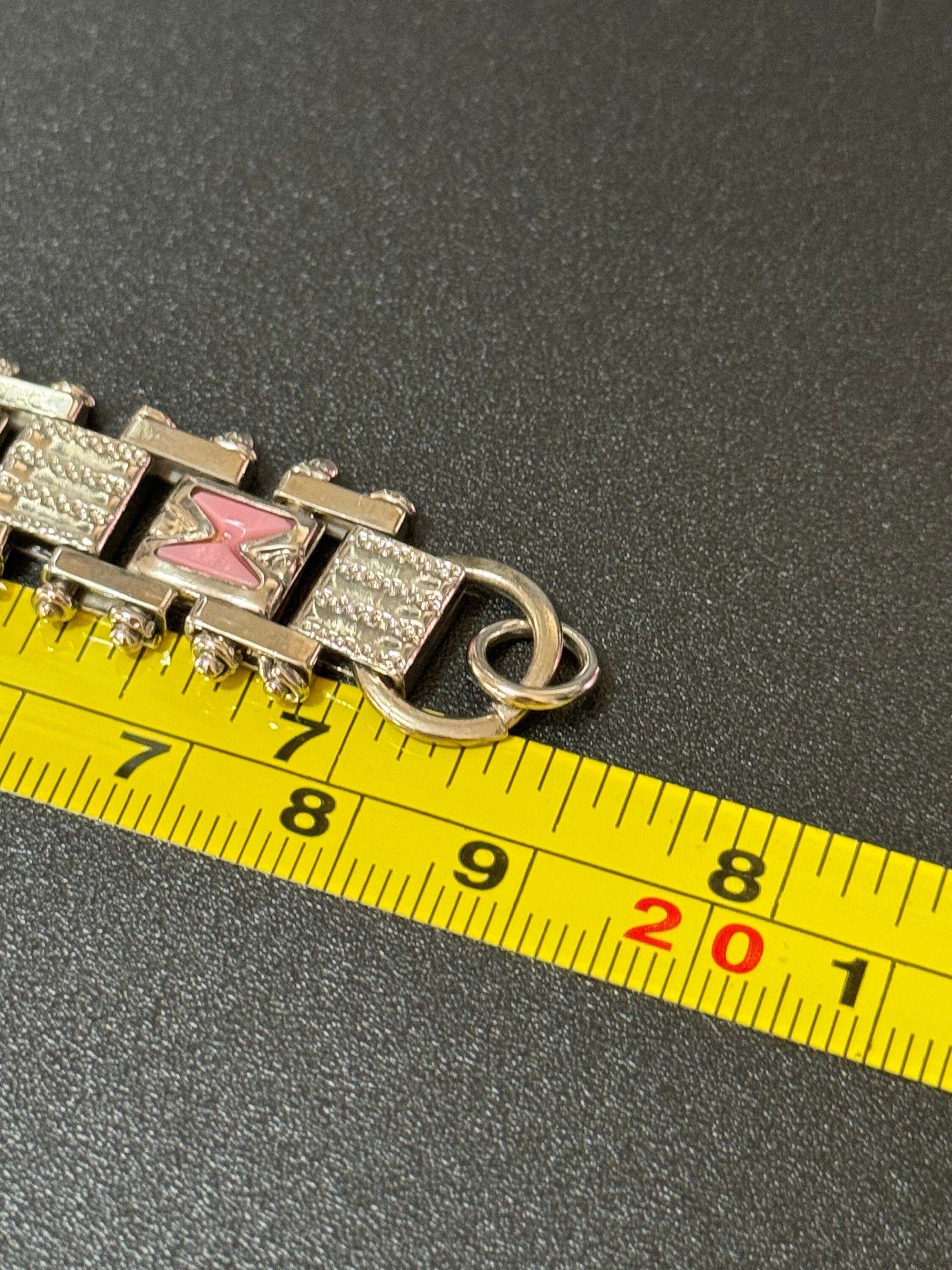 True antique Jakob Bengel modernist chromed silver metal 1920s pink enamel brickwork geometric chain link bracelet old shop stock Germany