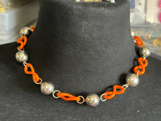 Art deco Jakob Bengel modernist Chrome silver tone metal 1920s orange galalith plastic round beaded geometric bead necklace