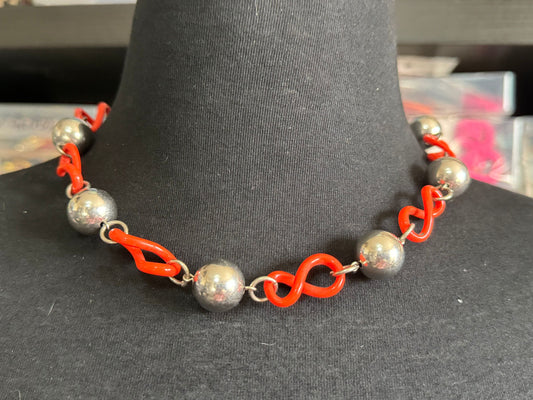 Art deco Jakob Bengel modernist Chrome silver tone metal 1920s orange galalith plastic round beaded geometric bead necklace