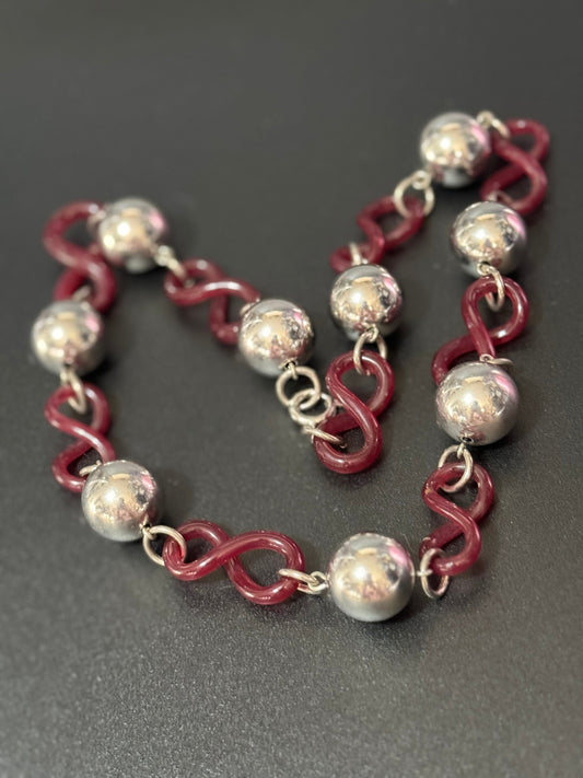 Art deco Jakob Bengel modernist Chrome silver tone metal 1920s dark red Glass galalith beaded geometric bead necklace