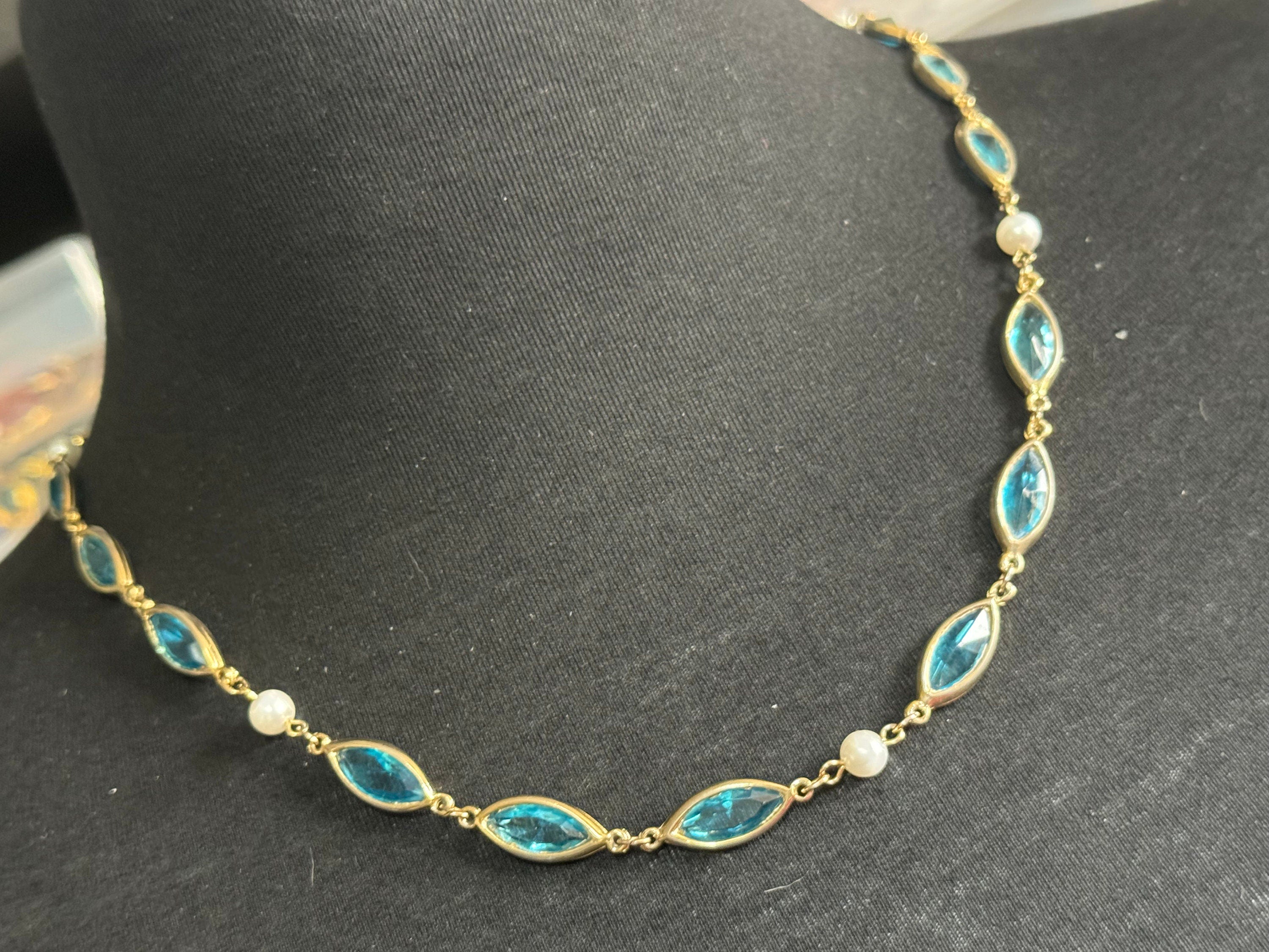 Faux pearl Rivière bezel set sapphire blue glass faceted glass crystal gold plated mariner link chain necklace 57cm length