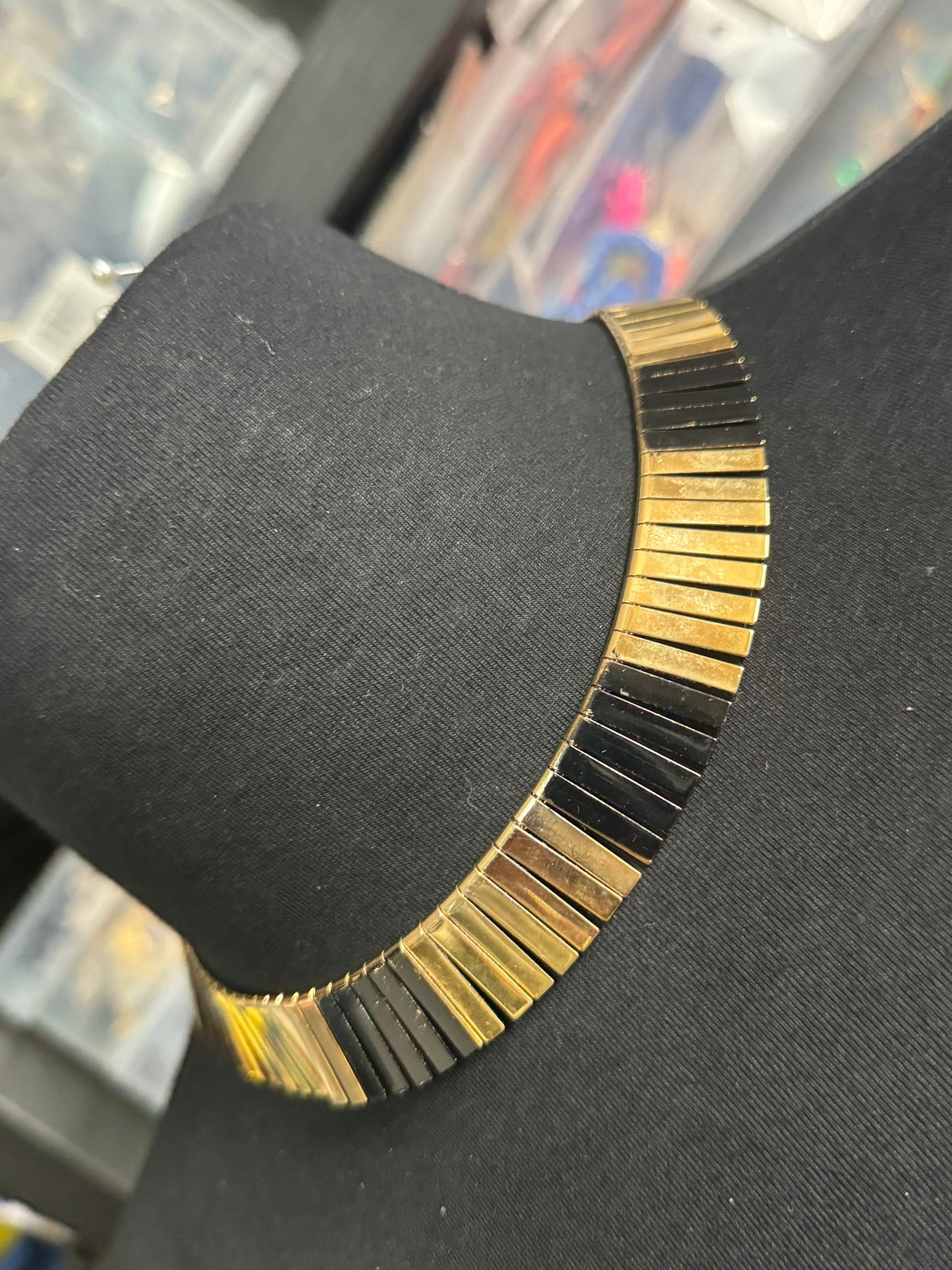 Black and gold vintage Egyptian Revival Cleopatra Necklace fringed Wide Link Runway Statement Choker