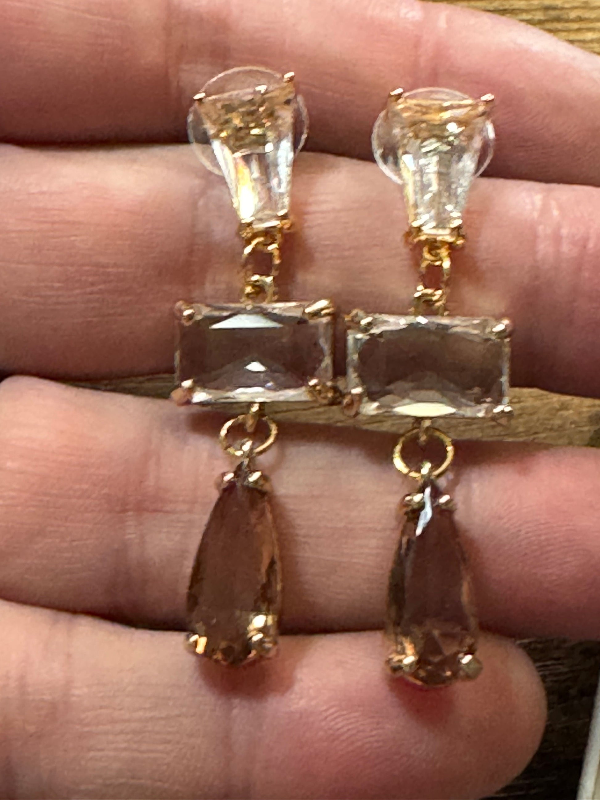Long clear and soft brown glass crystal diamanté earrings for pierced ears Gold plated