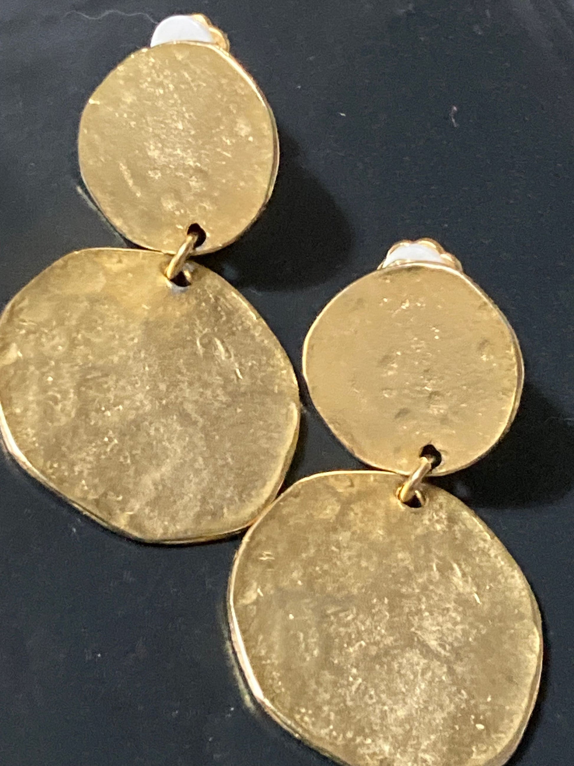 Signed KJL Kenneth Lane pair oversized gold tone Etruscan flat disc dangly drop earrings
