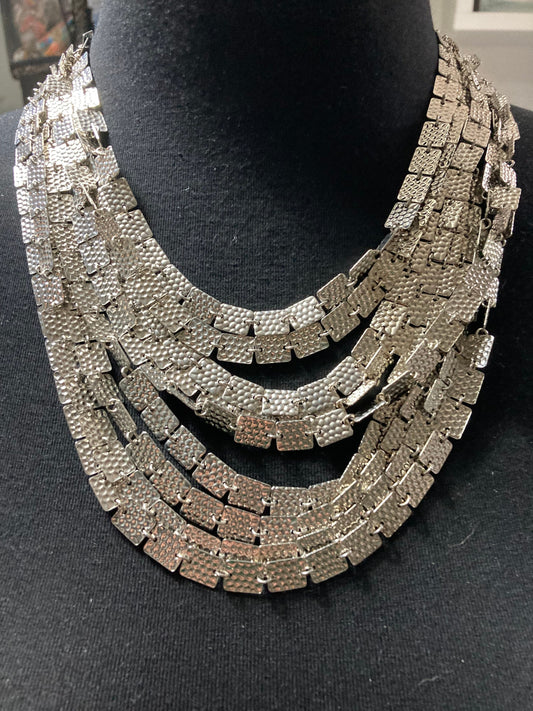 Italian designer Signed graziano vintage flat chain link silver lmulti strand bib necklace