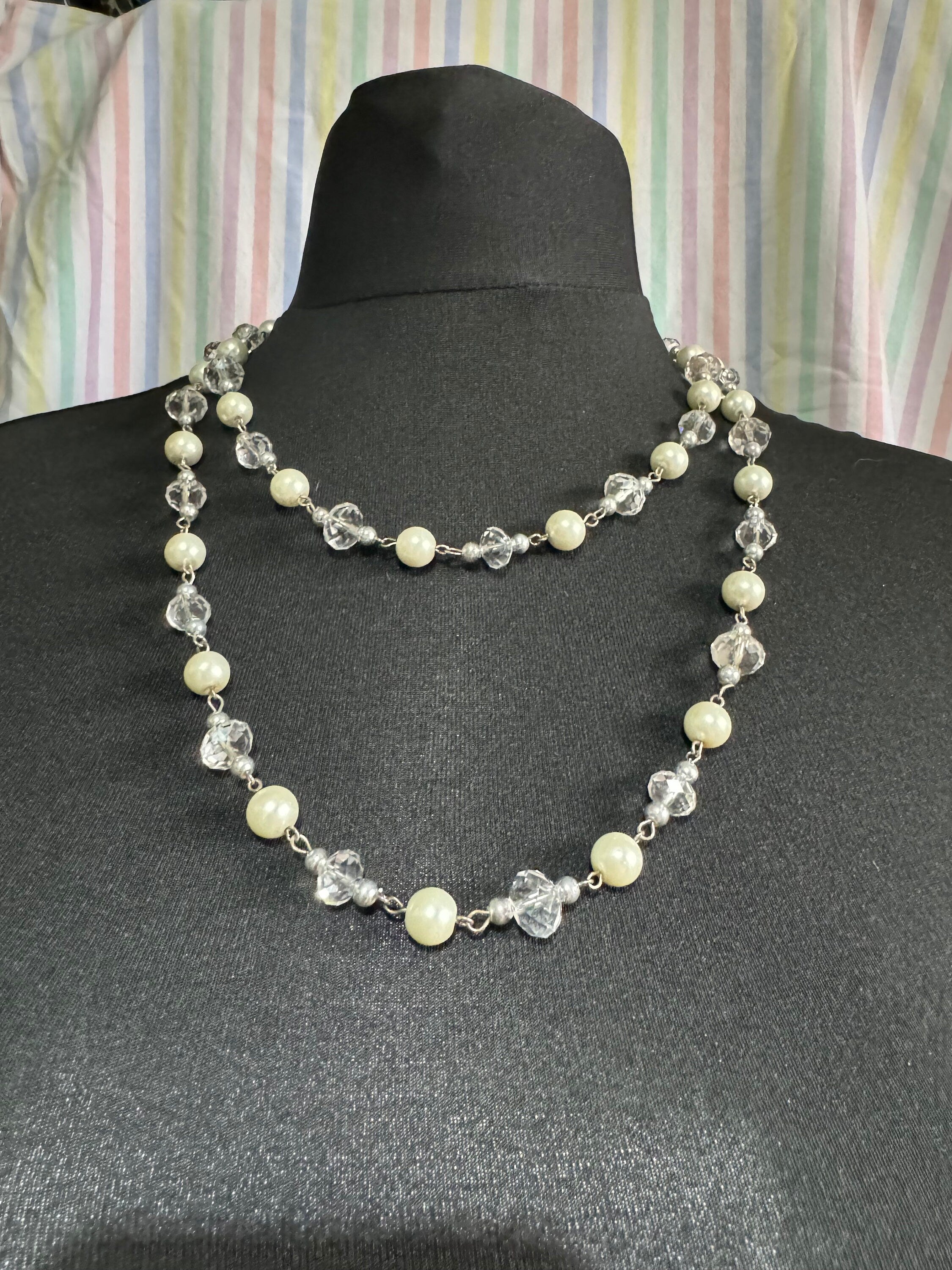 Retro long Glass beaded white pearl and clear crystal beaded layering necklace flapper 120cm