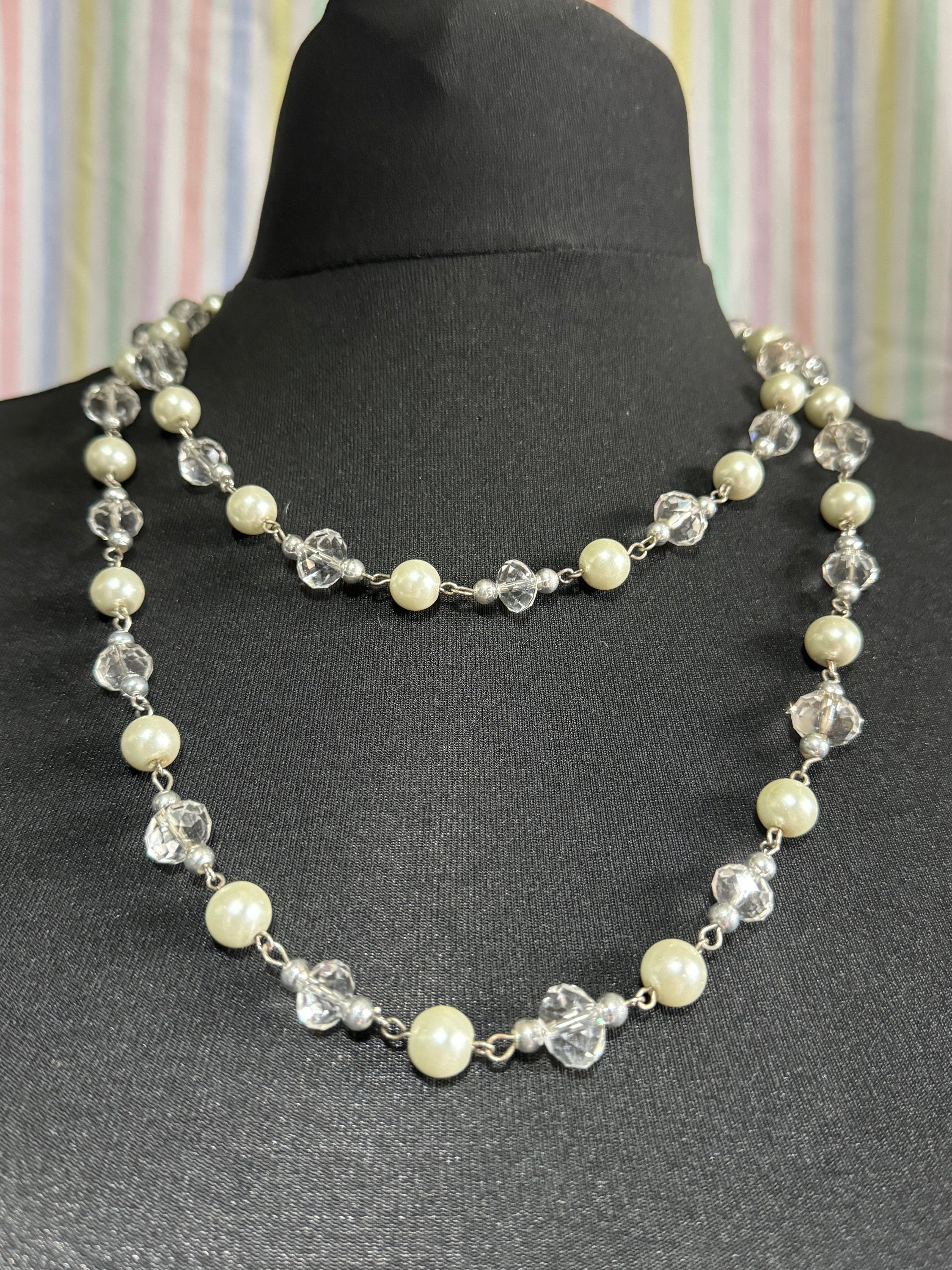 Retro long Glass beaded white pearl and clear crystal beaded layering necklace flapper 120cm