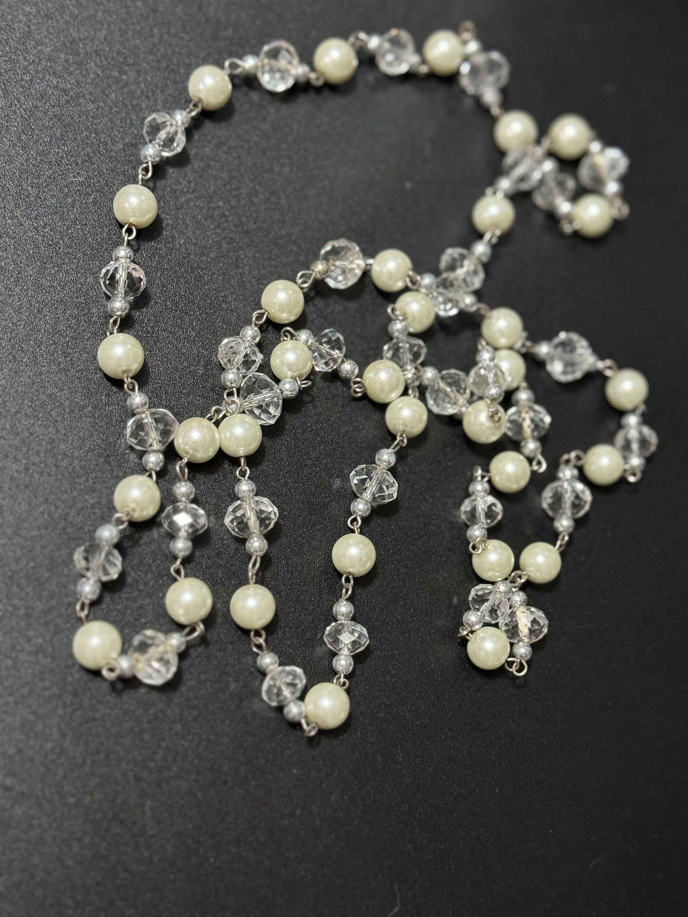 Retro long Glass beaded white pearl and clear crystal beaded layering necklace flapper 120cm