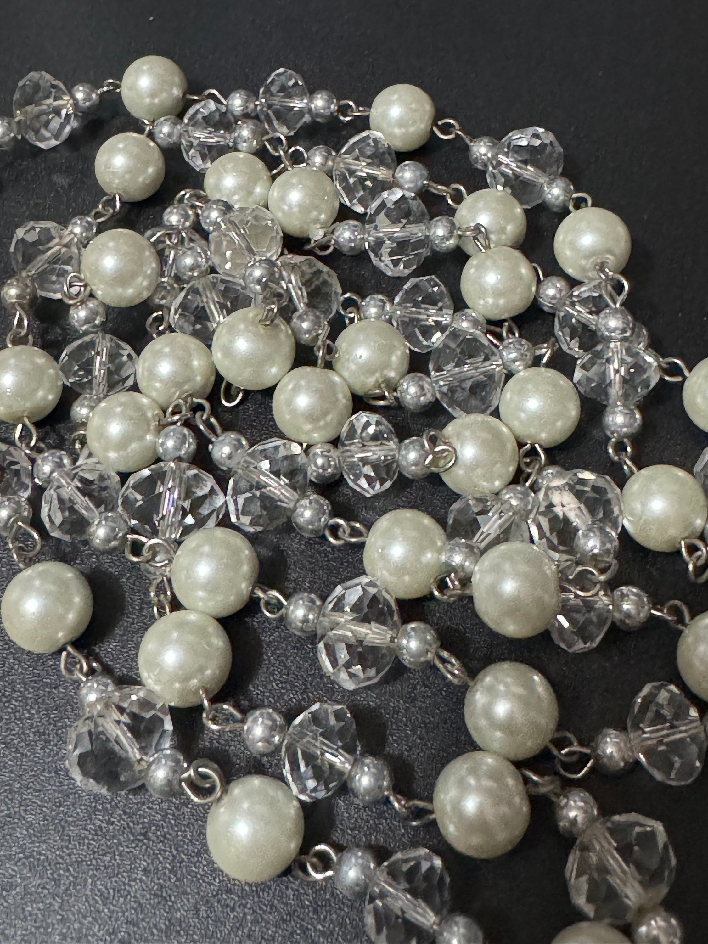 Retro long Glass beaded white pearl and clear crystal beaded layering necklace flapper 120cm