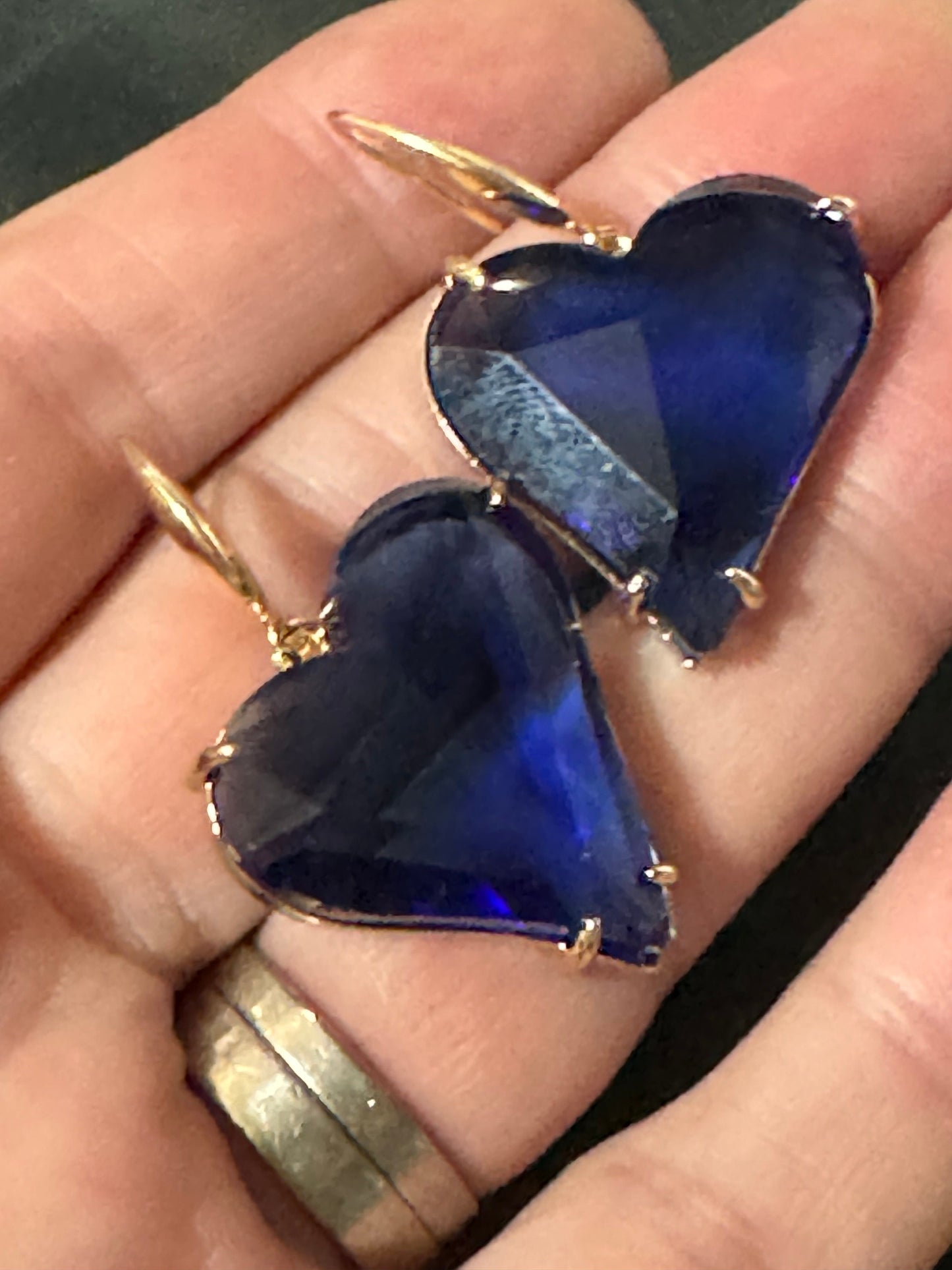 18k gold plated Bright blue sapphire love heart crystal diamanté drop charm earrings