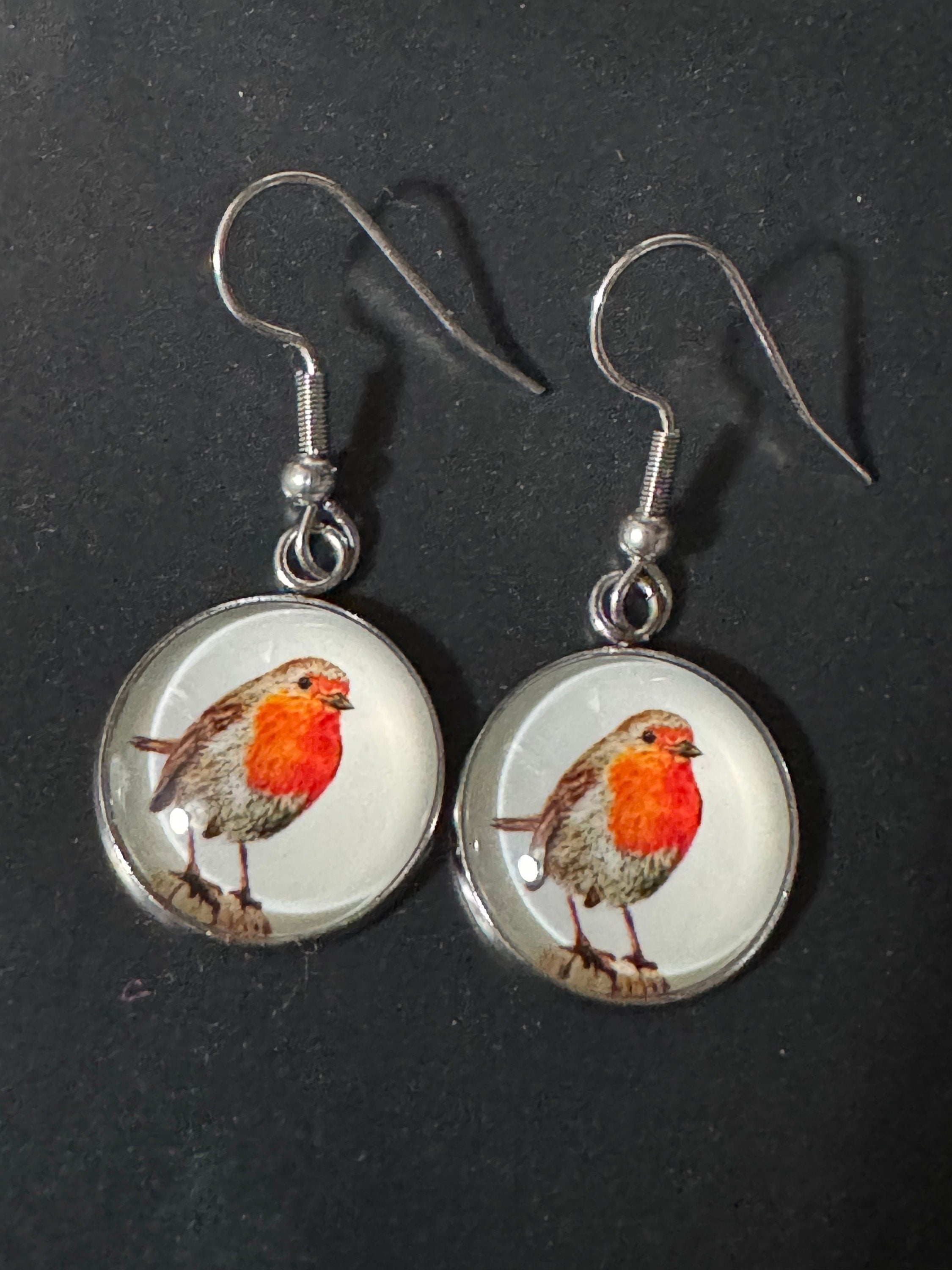 16mm Garden bird Robin redbreast stainless steel drop earrings silver