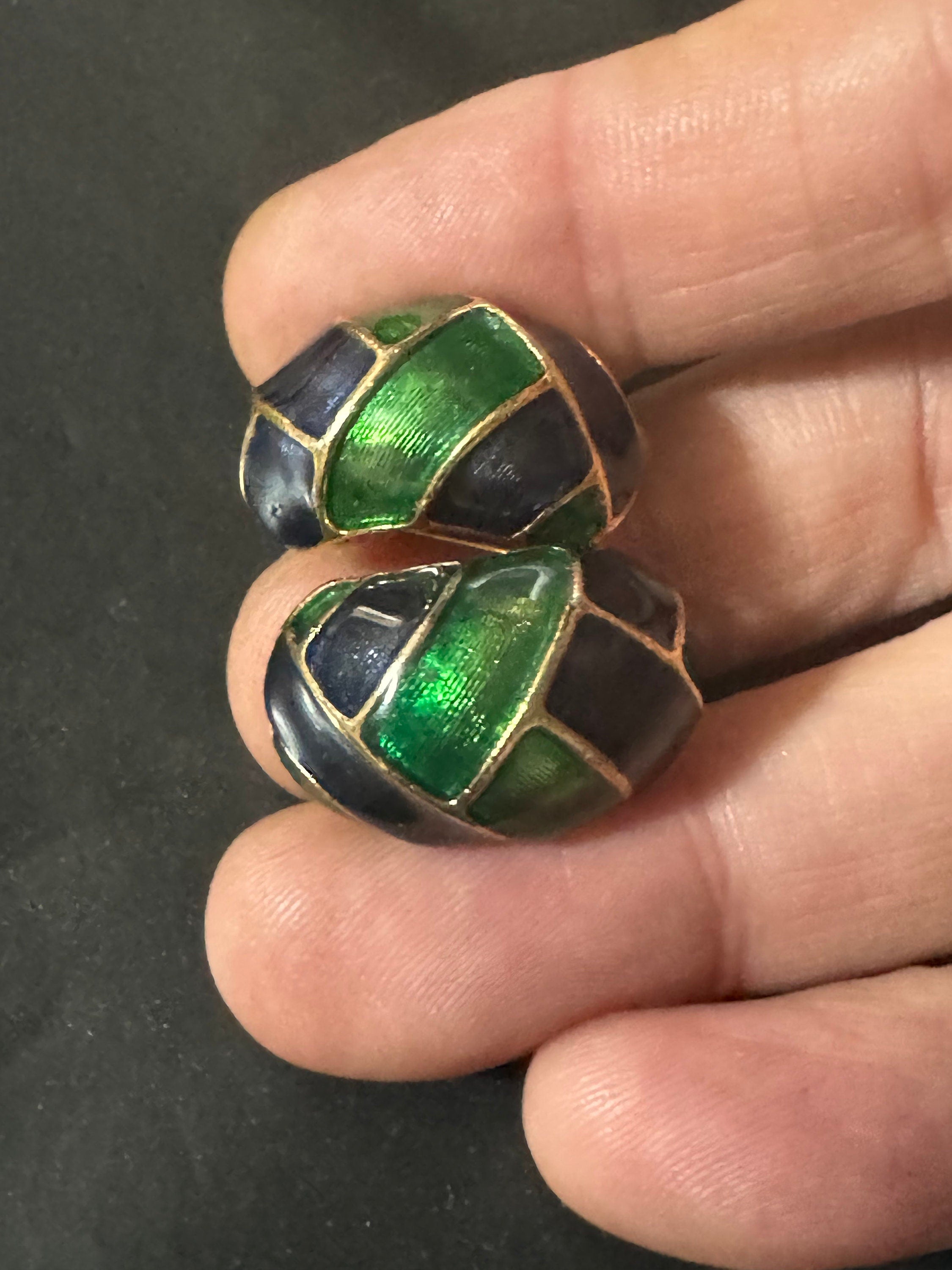 Retro gold tone green blue enamel clip on earrings