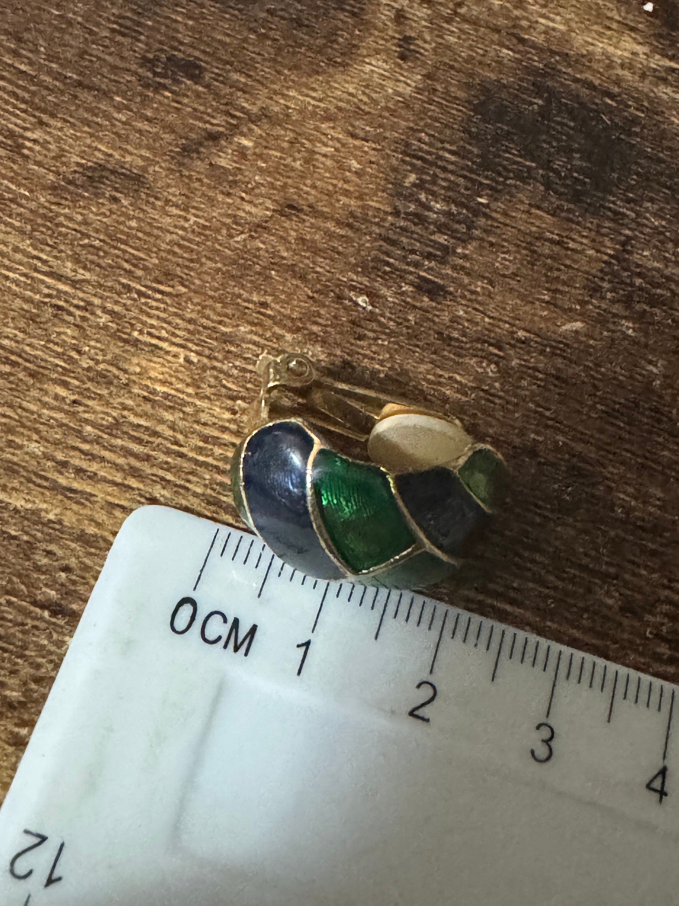 Retro gold tone green blue enamel clip on earrings