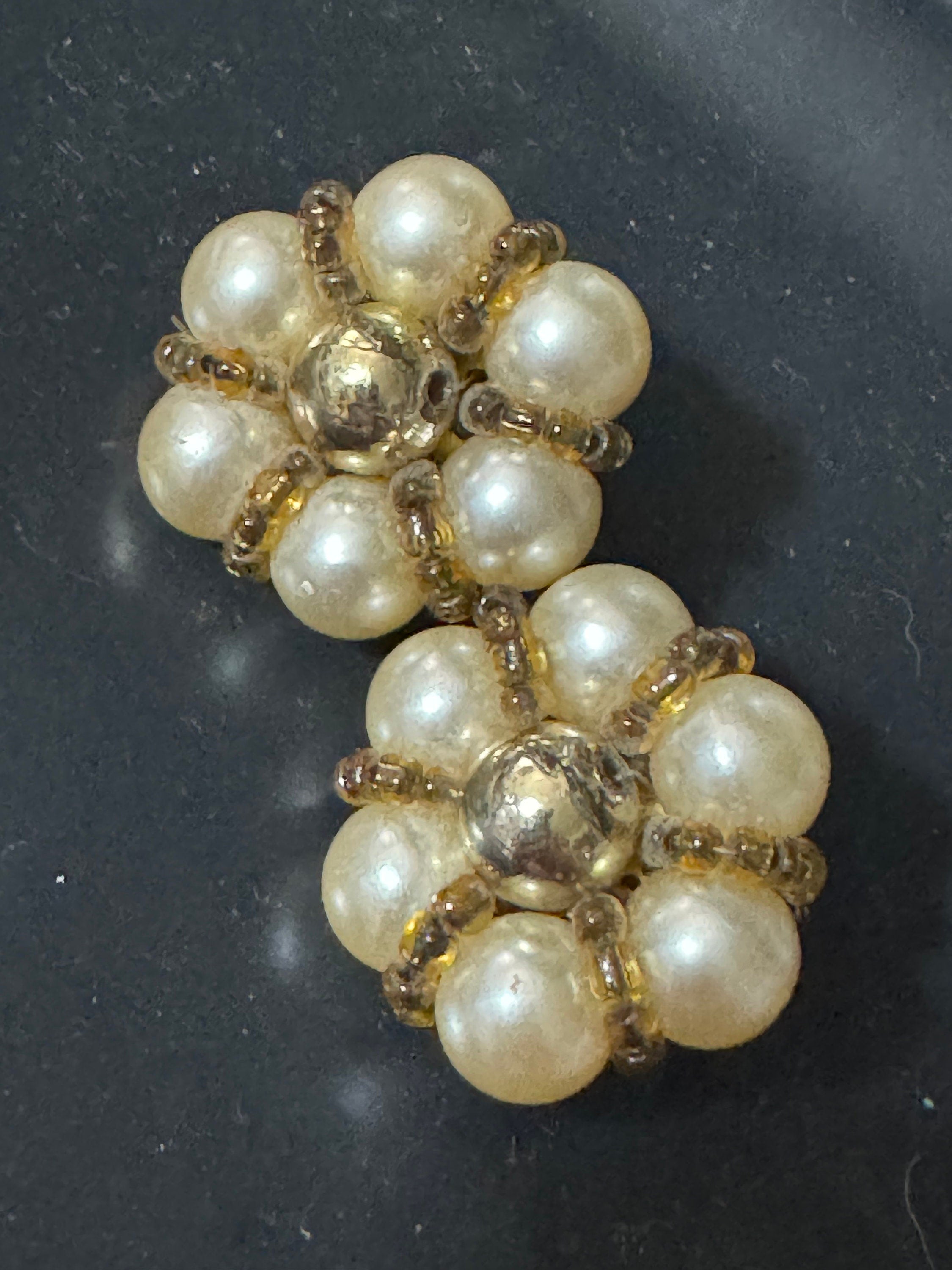 Large Vintage 1960s brown gold and white cream pearl floral glass beaded Cluster Clip On Earrings