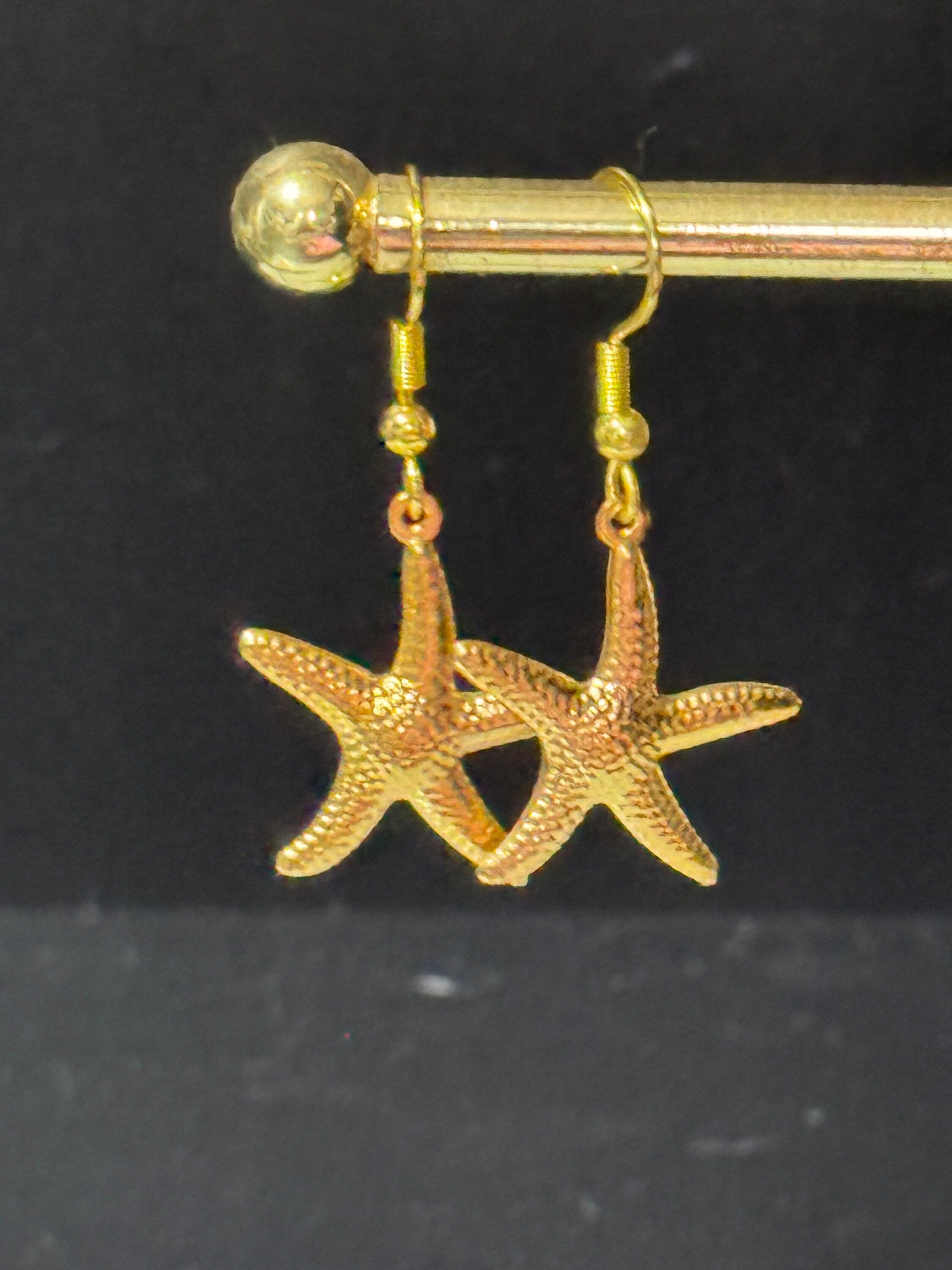 Nautical gold tone starfish small drop earrings pierced ears