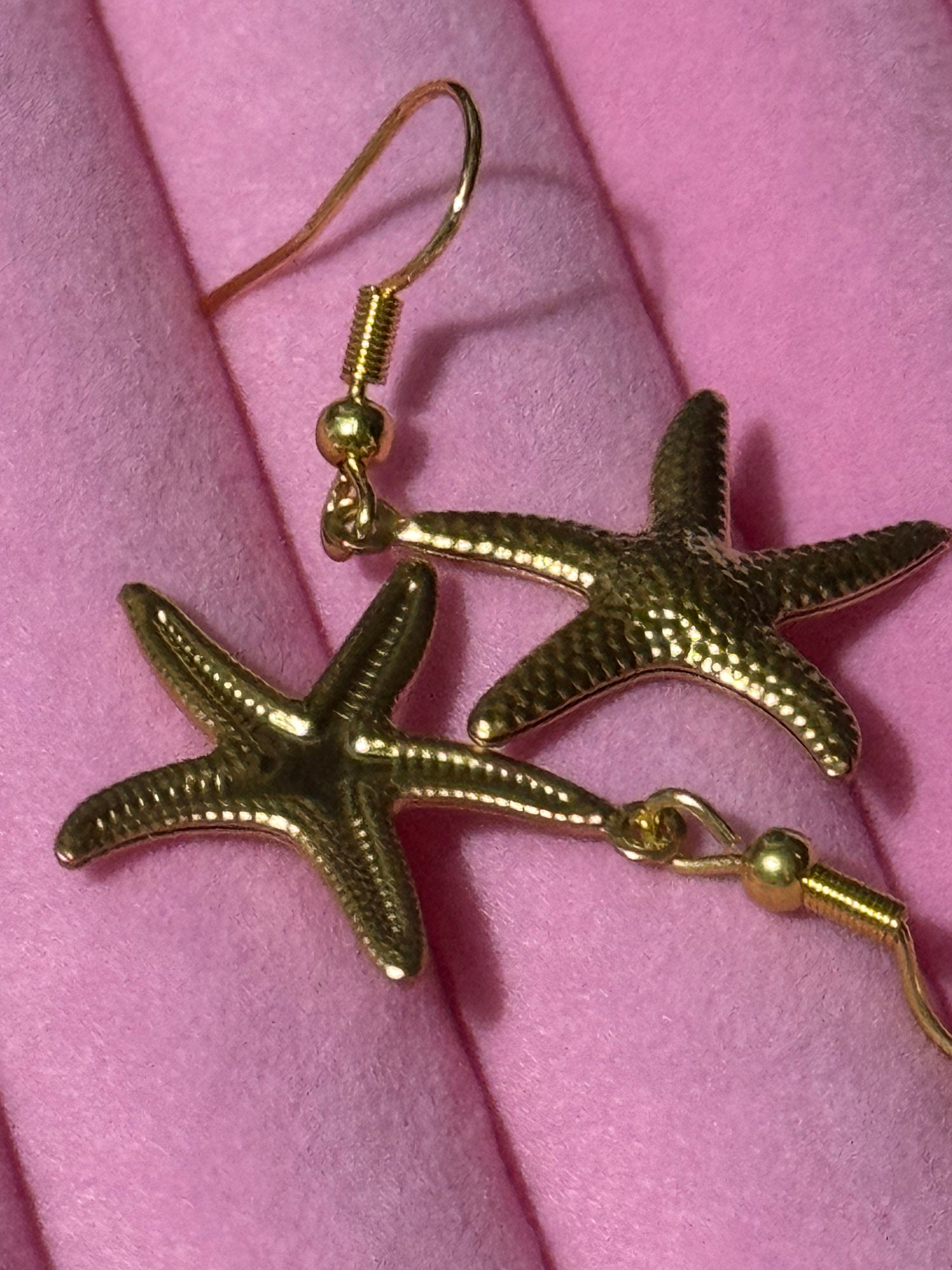 Nautical gold tone starfish small drop earrings pierced ears