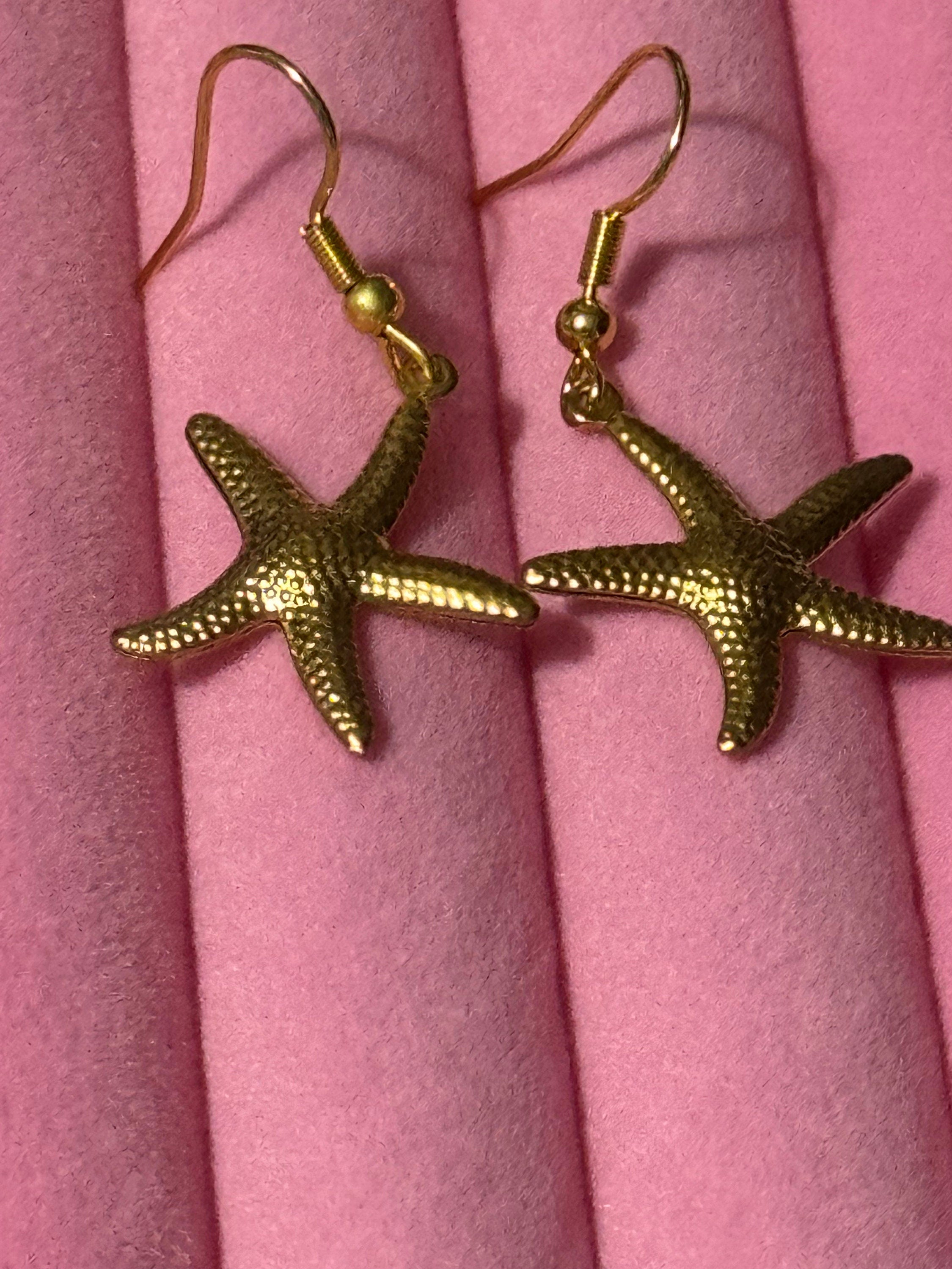 Nautical gold tone starfish small drop earrings pierced ears