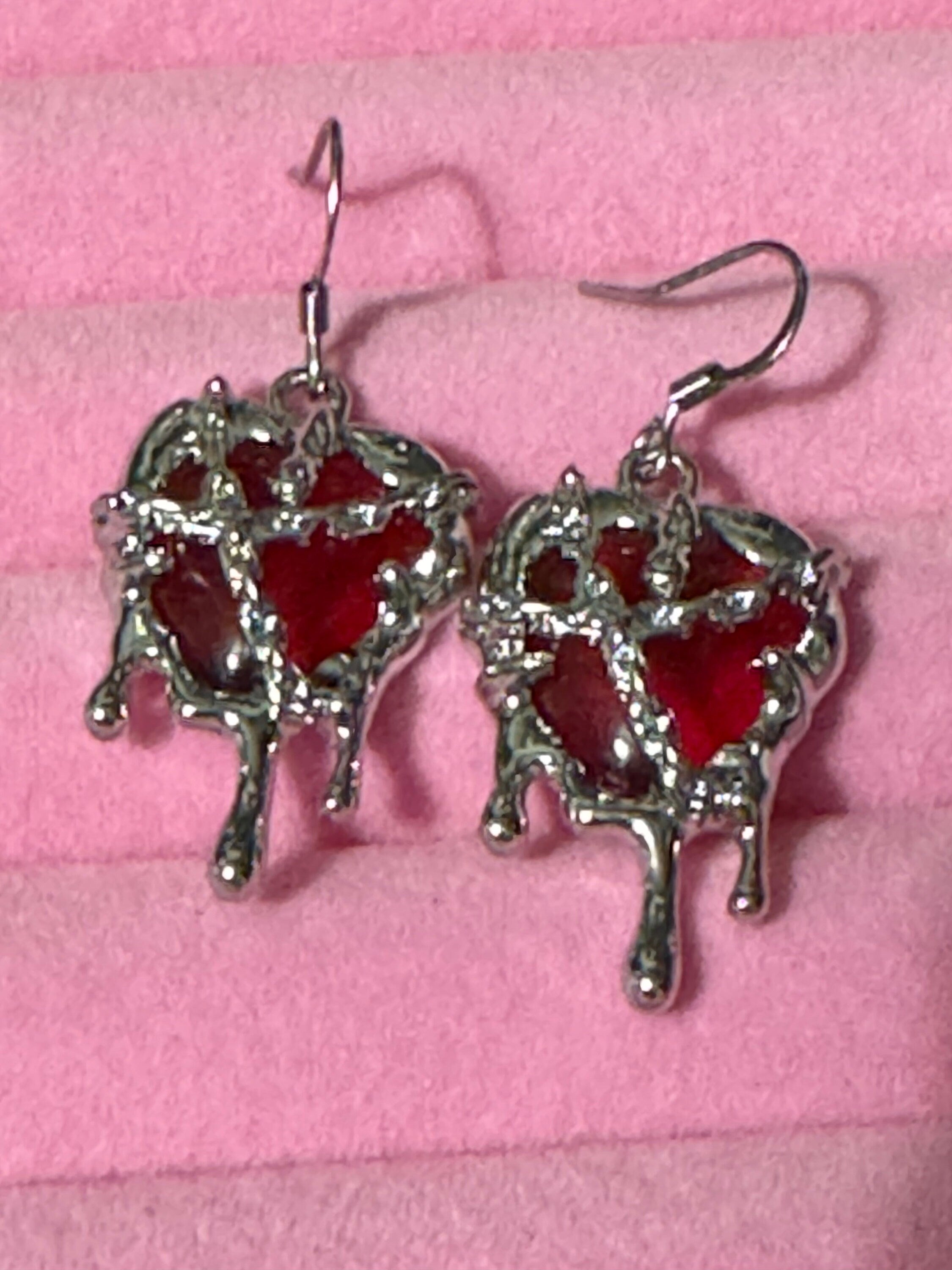 bright red bleeding heart modernist loveheart ornate crystal cabochon drop earrings