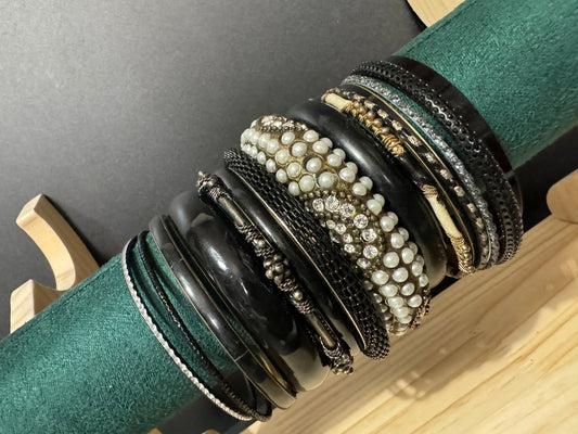 Armful of vintage black and gold tones slim and wide tacking boho bangles