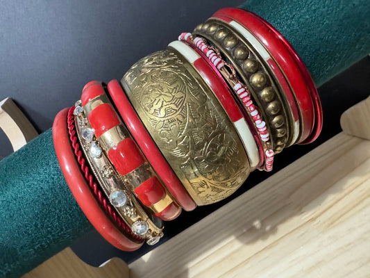 Armful of vintage Red and gold tones slim and wide tacking boho bangles