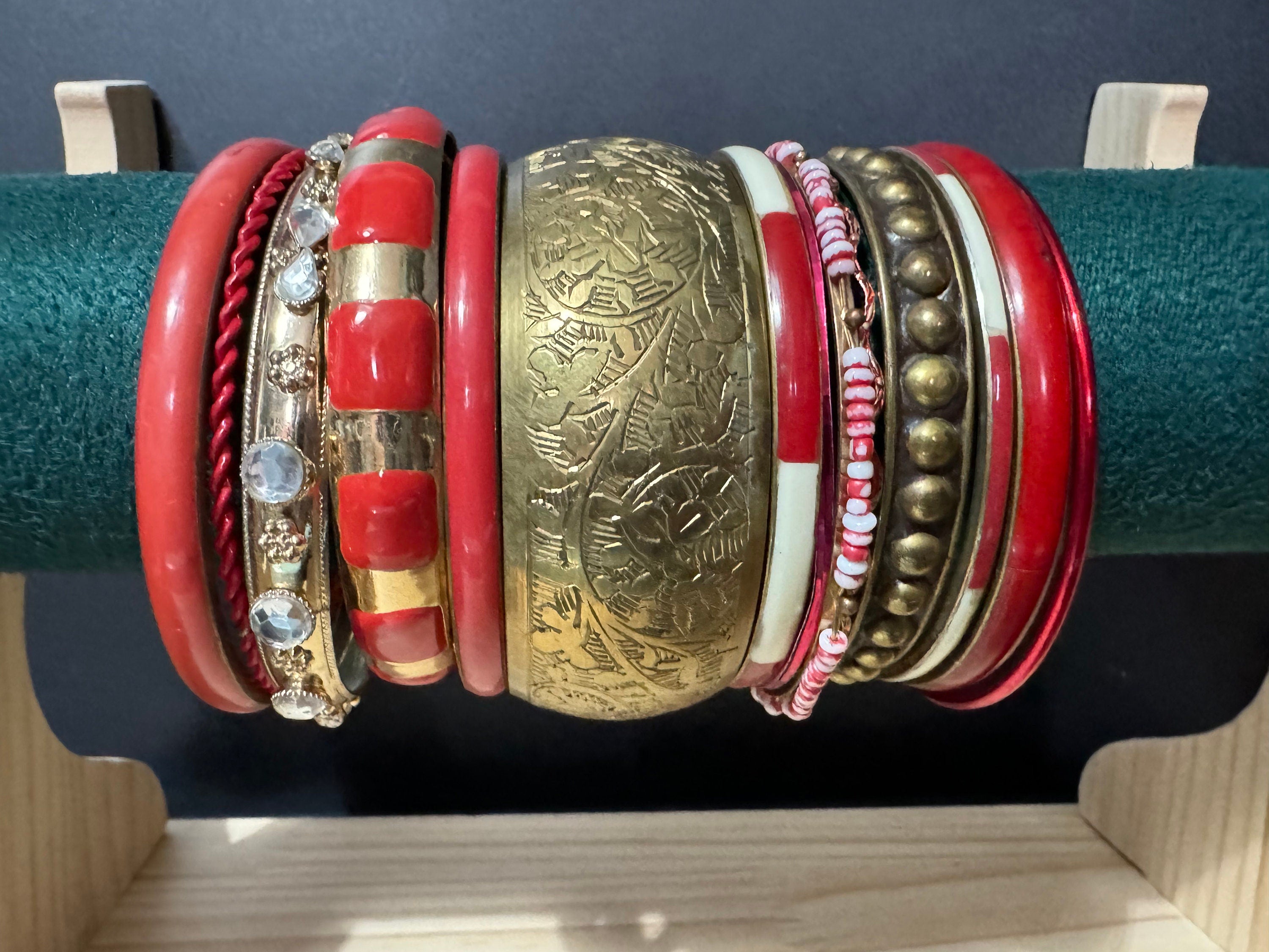 Armful of vintage Red and gold tones slim and wide tacking boho bangles