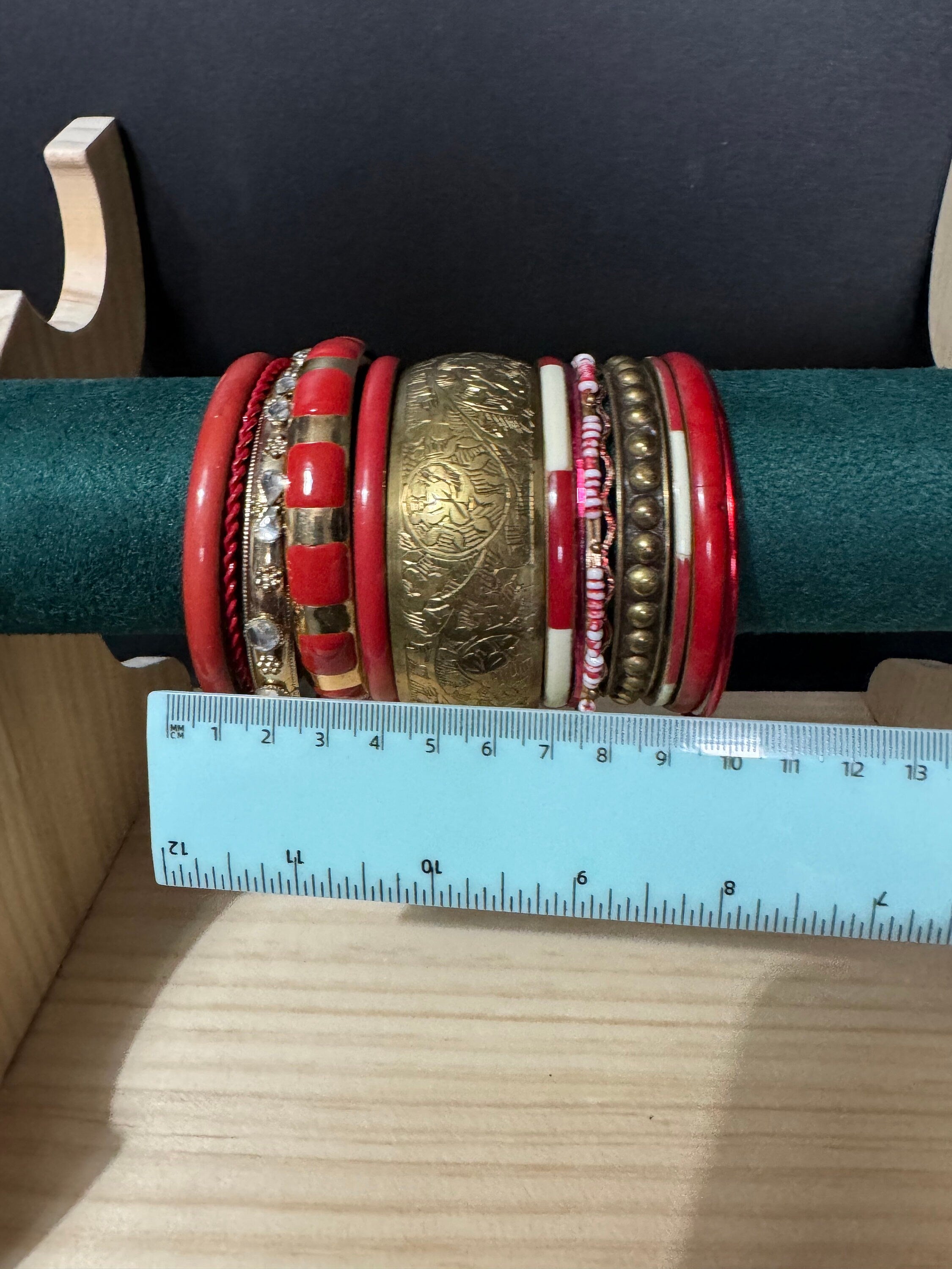 Armful of vintage Red and gold tones slim and wide tacking boho bangles