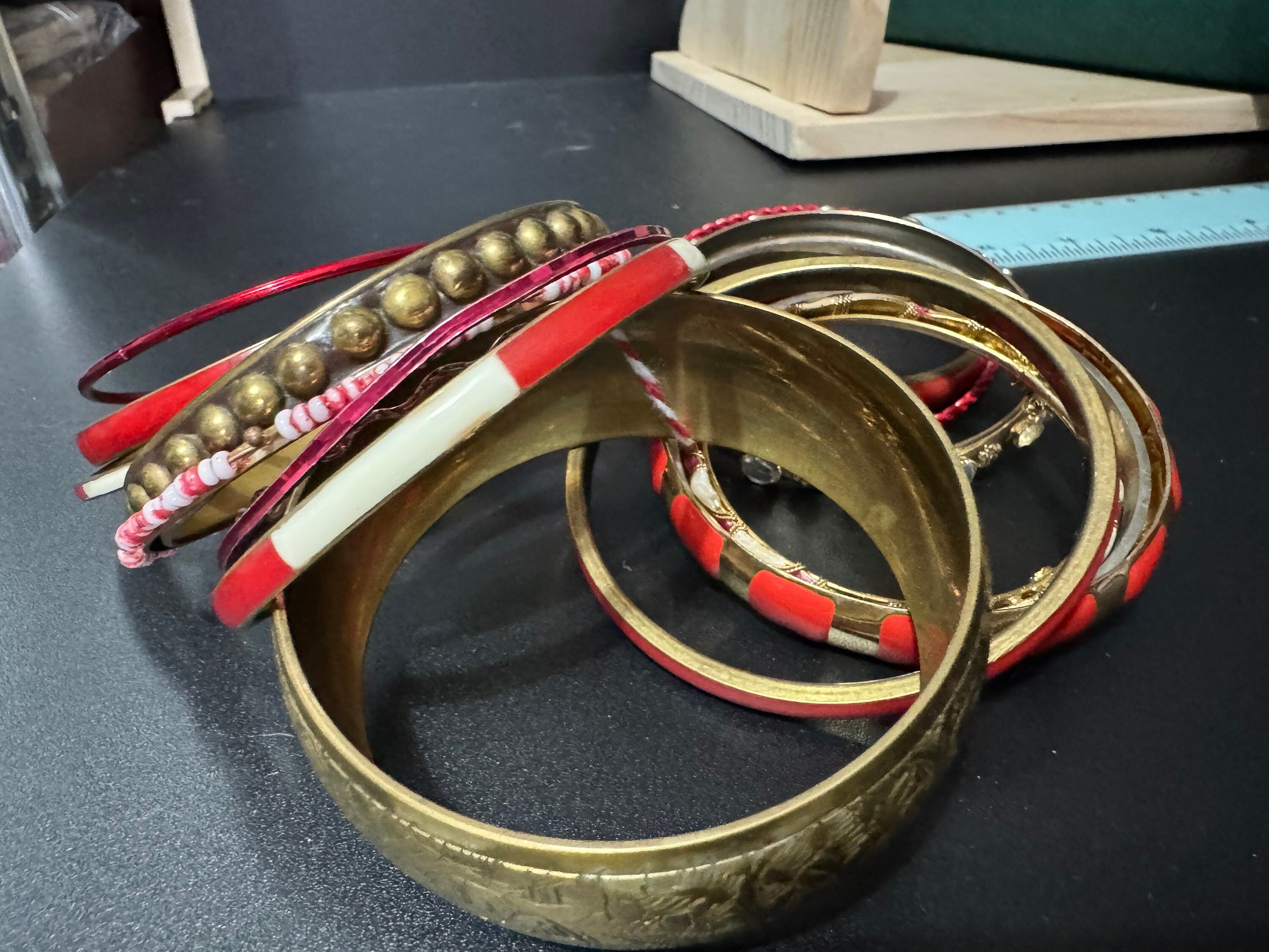 Armful of vintage Red and gold tones slim and wide tacking boho bangles