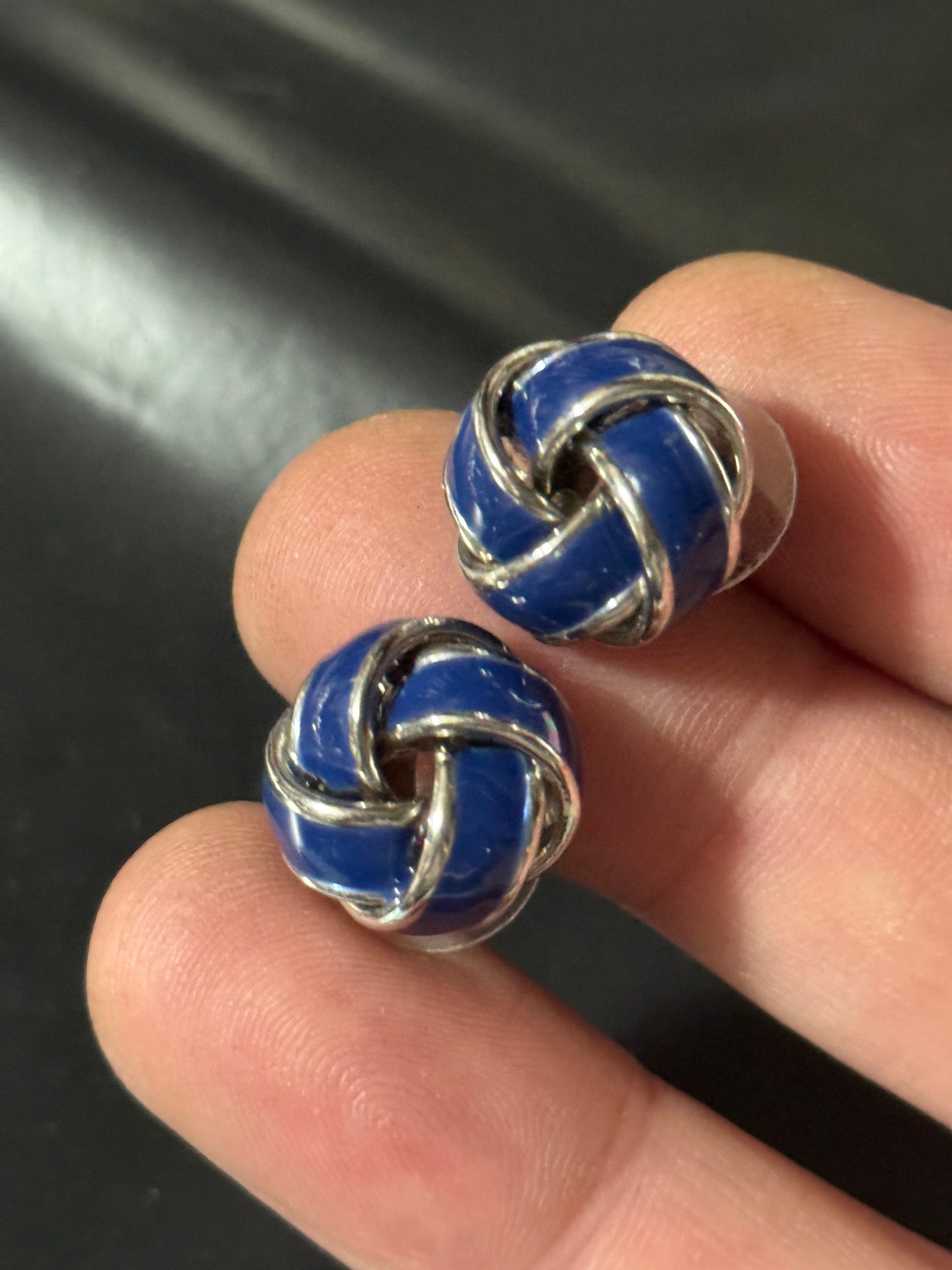 Vintage silver tone dark navy Blue enamel pair knot stud earrings pierced