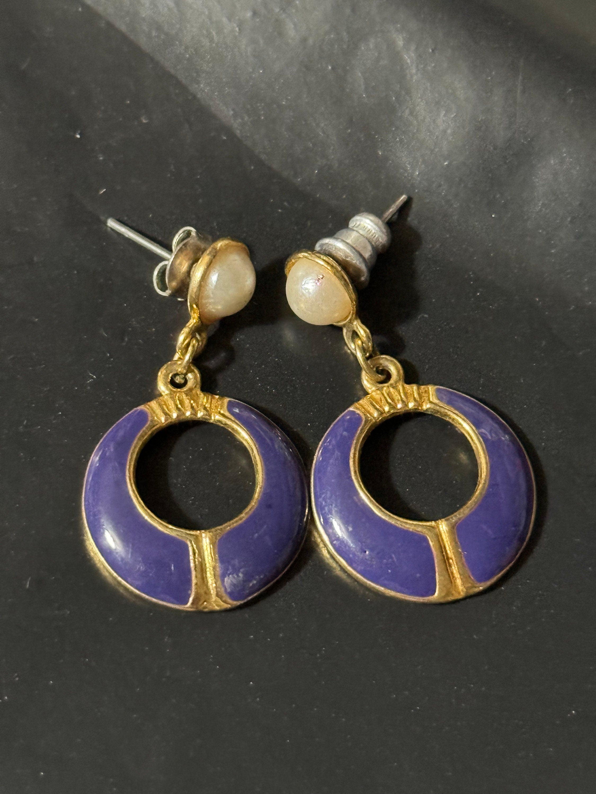 Vintage purple enamel door knocker drop earrings for pierced ears