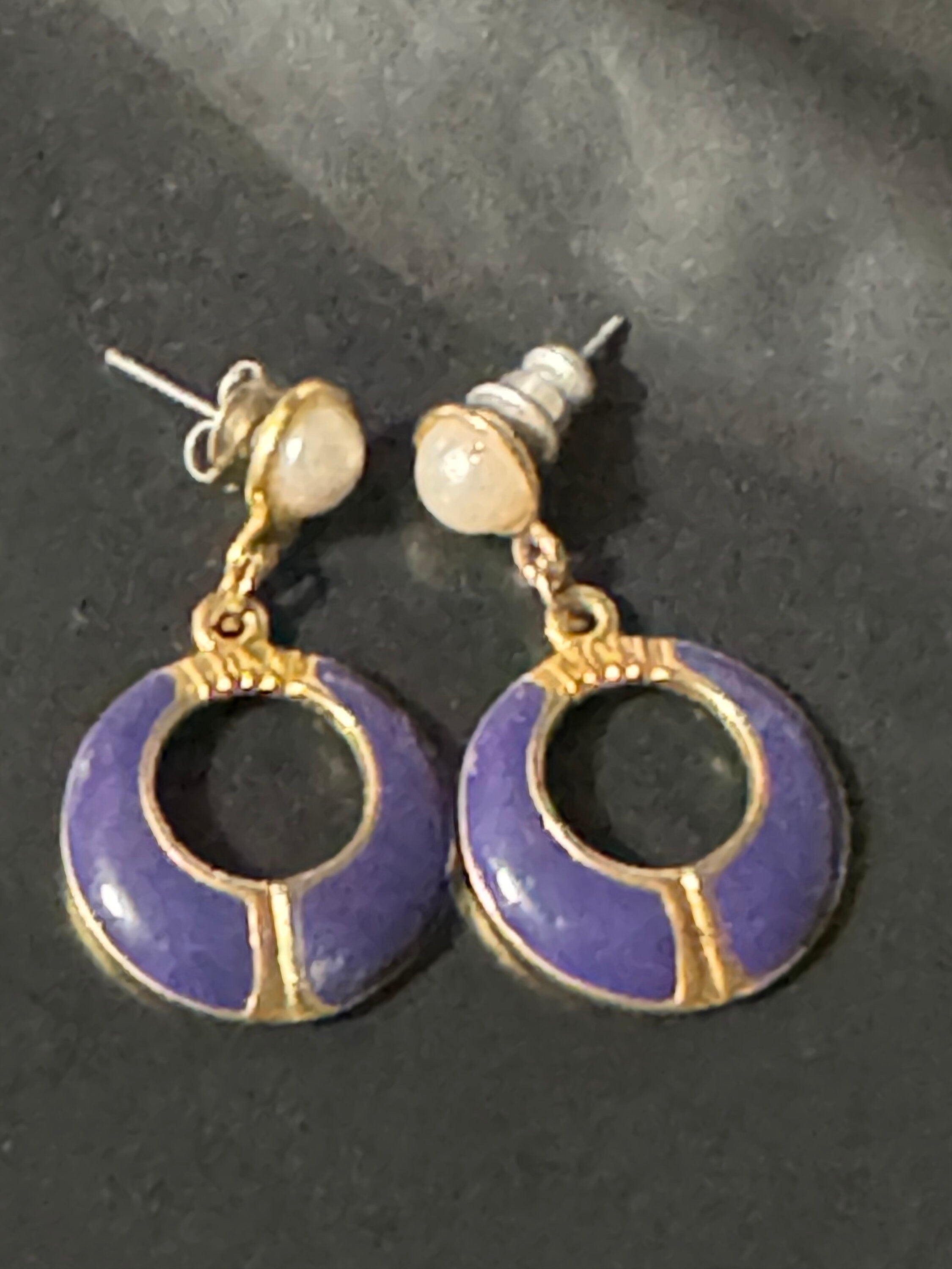 Vintage purple enamel door knocker drop earrings for pierced ears